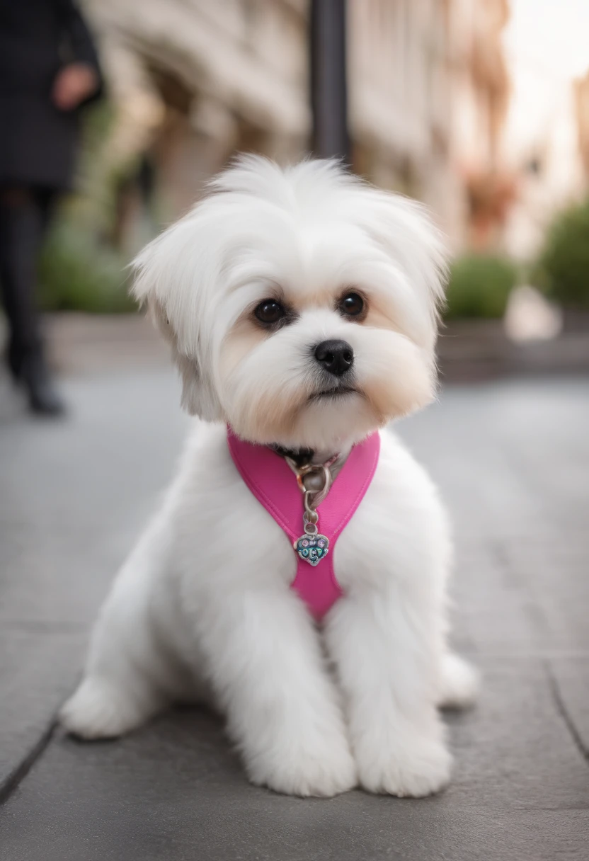 Disney pixar style dog, sitting on the sidewalk, in white with smooth fur and logo, with a pink collar with the name Judith, and next to it another disney pixar style dog, in black and white color of the Lhasa Apso breed, with a collar with the name Nina.
both dogs the same size.