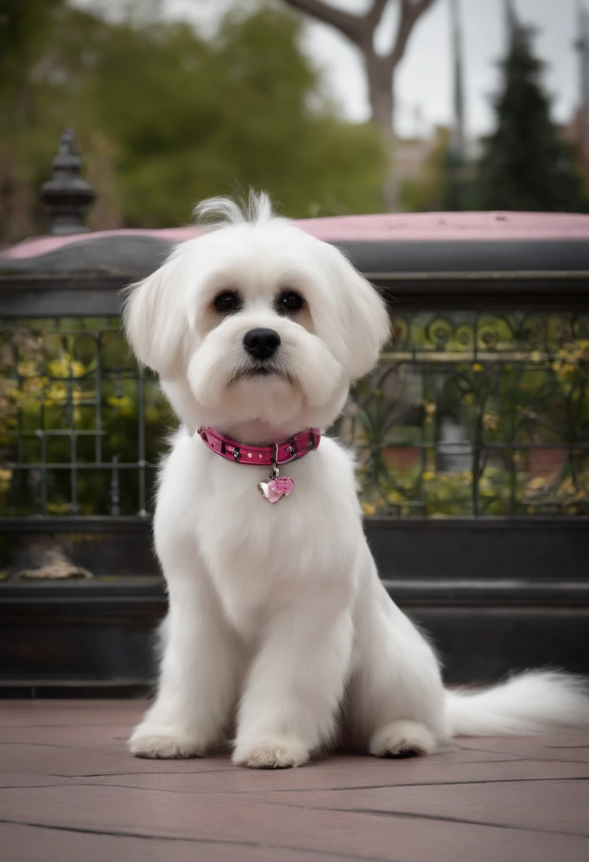 Disney pixar style dog, sitting on the sidewalk, in white with smooth fur and logo, with a pink collar with the name Judith, and next to it another disney pixar style dog, in black and white color of the Lhasa Apso breed, with a collar with the name Nina.
both dogs the same size.