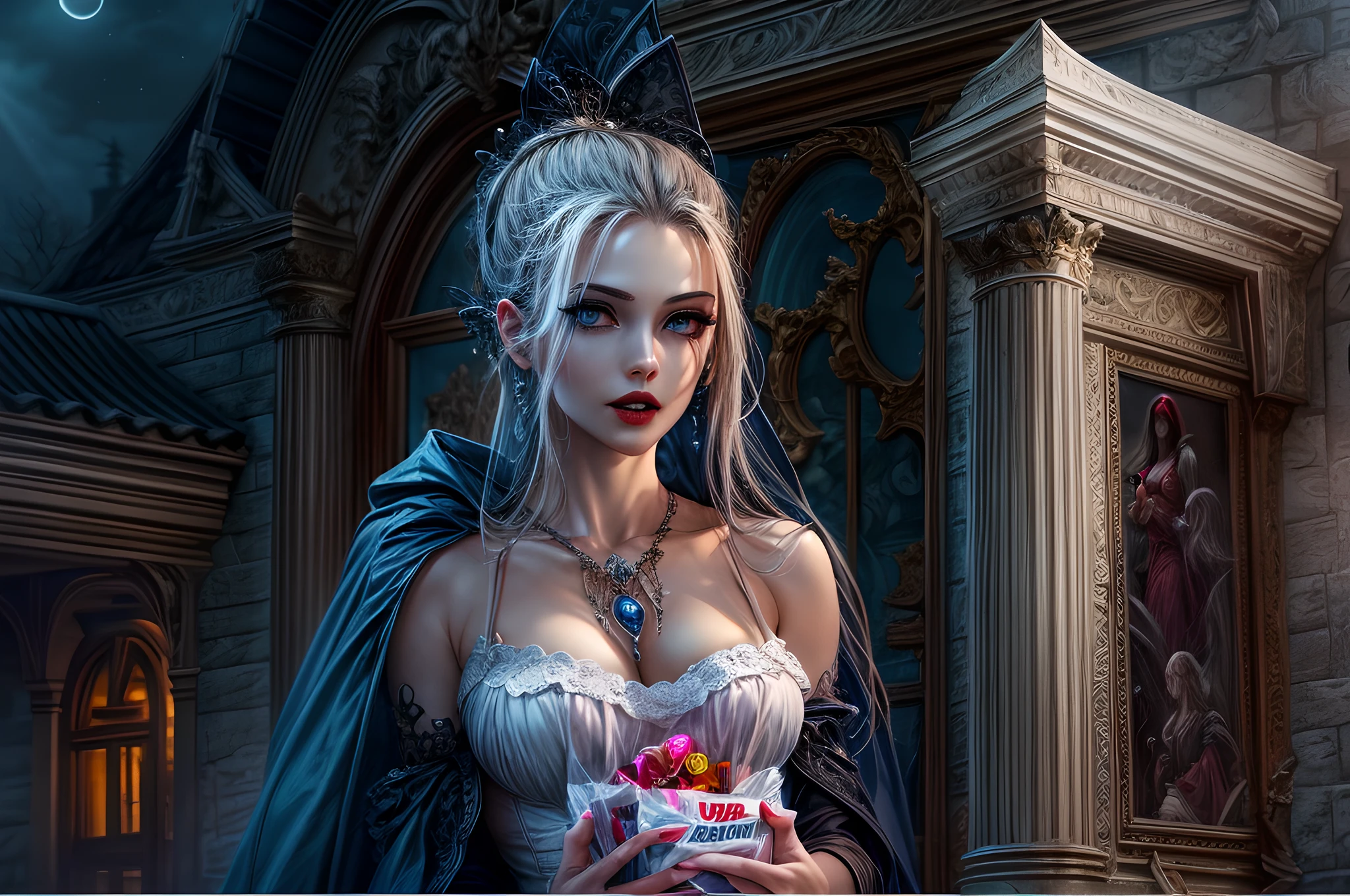 icture of vampire standing in the front of her home holding a (candy bag: 1.2), an exquisite beautiful female vampire in her front door of her home, full body (ultra detailed, Masterpiece, best quality), ultra detailed face (ultra detailed, Masterpiece, best quality), grey skin: 1.3 , blond hair, hair in a ponytail, long hair, blue eyes, cold eyes, glowing eyes, intense eyes, smile with [drops of blood on face] (ultra detailed, Masterpiece, best quality), dark red lips, [vampire fangs], wearing white dress (ultra detailed, Masterpiece, best quality), dark blue cloak, high heeled boots in front of her home, (holding a candy bag: 1.4), high details, best quality, 16k, [ultra detailed], masterpiece, best quality, (ultra detailed), full body, ultra wide shot, photorealism, dark fantasy art, moon light coming through the window, moon rays, gothic art, sense of dread, sense of seduction,