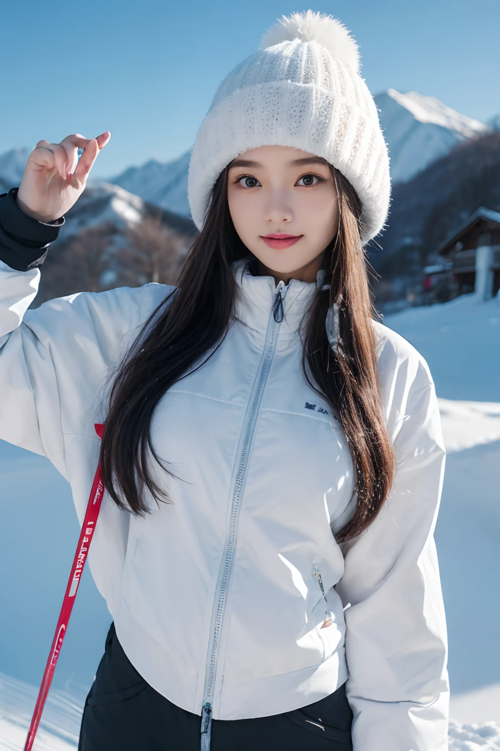 ​masterpiece、8K、32K、top-quality、(A cute Japanese woman:1.1)、detail portrayal、1 girl in、elegent、23years old、(Ski Wear:1.3)、(Winter Ski Resorts:1.1)、tits out、ssmile