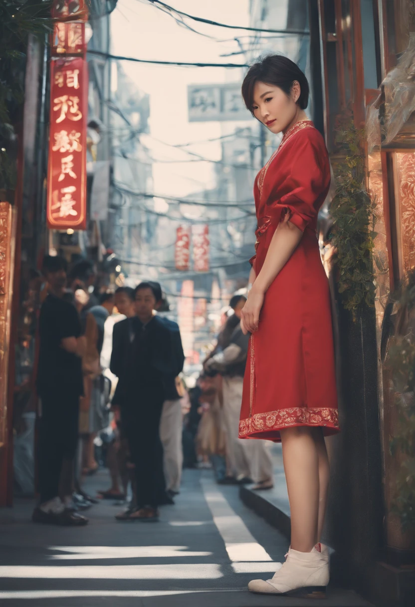 A Japanese Lady, scornful, Standing, Short hair, White socks, NSFW, , Small breasts, 23years old, Street, {{{{{{{mens onlookers, Being watched, Attention, crowd around,}}}}}}}, Looking at Viewer
