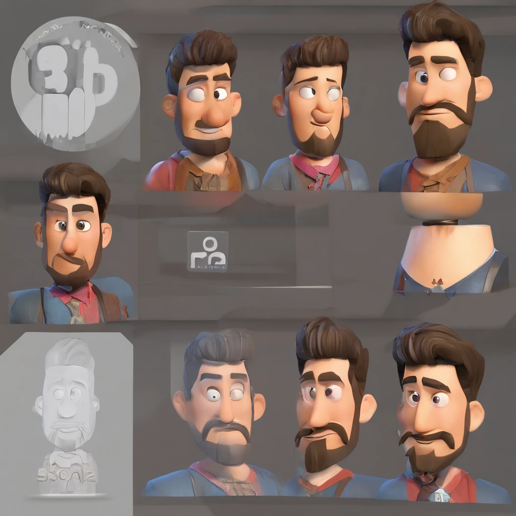 Criar um personagem no estilo Pixar. Trata-se de um homem de 30 anos, com barba, Branco, com cabelos castanhos curtos e um quiff, e olhos castanhos. Ele deve estar na frente de um computador, Trabalhar como designer