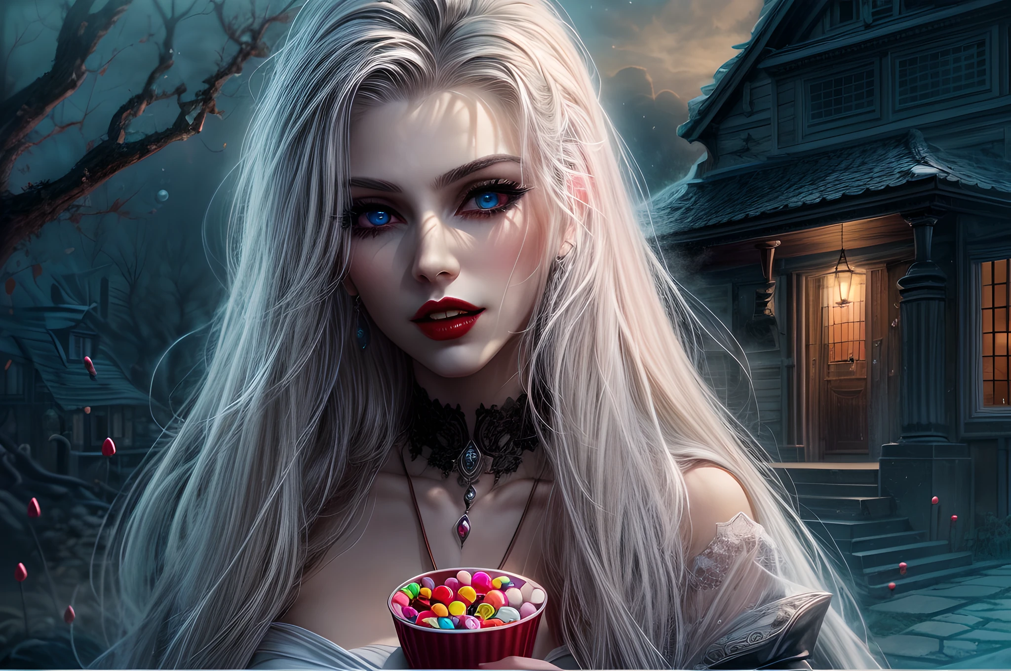 icture of vampire standing in the front of her home holding a (candy bag: 1.2), an exquisite beautiful female vampire in her front door of her home, full body (ultra detailed, Masterpiece, best quality), ultra detailed face (ultra detailed, Masterpiece, best quality), grey skin: 1.3 , blond hair, hair in a ponytail, long hair, blue eyes, cold eyes, glowing eyes, intense eyes, smile with [drops of blood on face] (ultra detailed, Masterpiece, best quality), dark red lips, [vampire fangs], wearing white dress (ultra detailed, Masterpiece, best quality), dark blue cloak, high heeled boots in front of her home, (holding a candy bag: 1.4), high details, best quality, 16k, [ultra detailed], masterpiece, best quality, (ultra detailed), full body, ultra wide shot, photorealism, luis royo style, dark fantasy art, moon light coming through the window, moon rays, gothic art, sense of dread, sense of seduction, zrpgstyle
