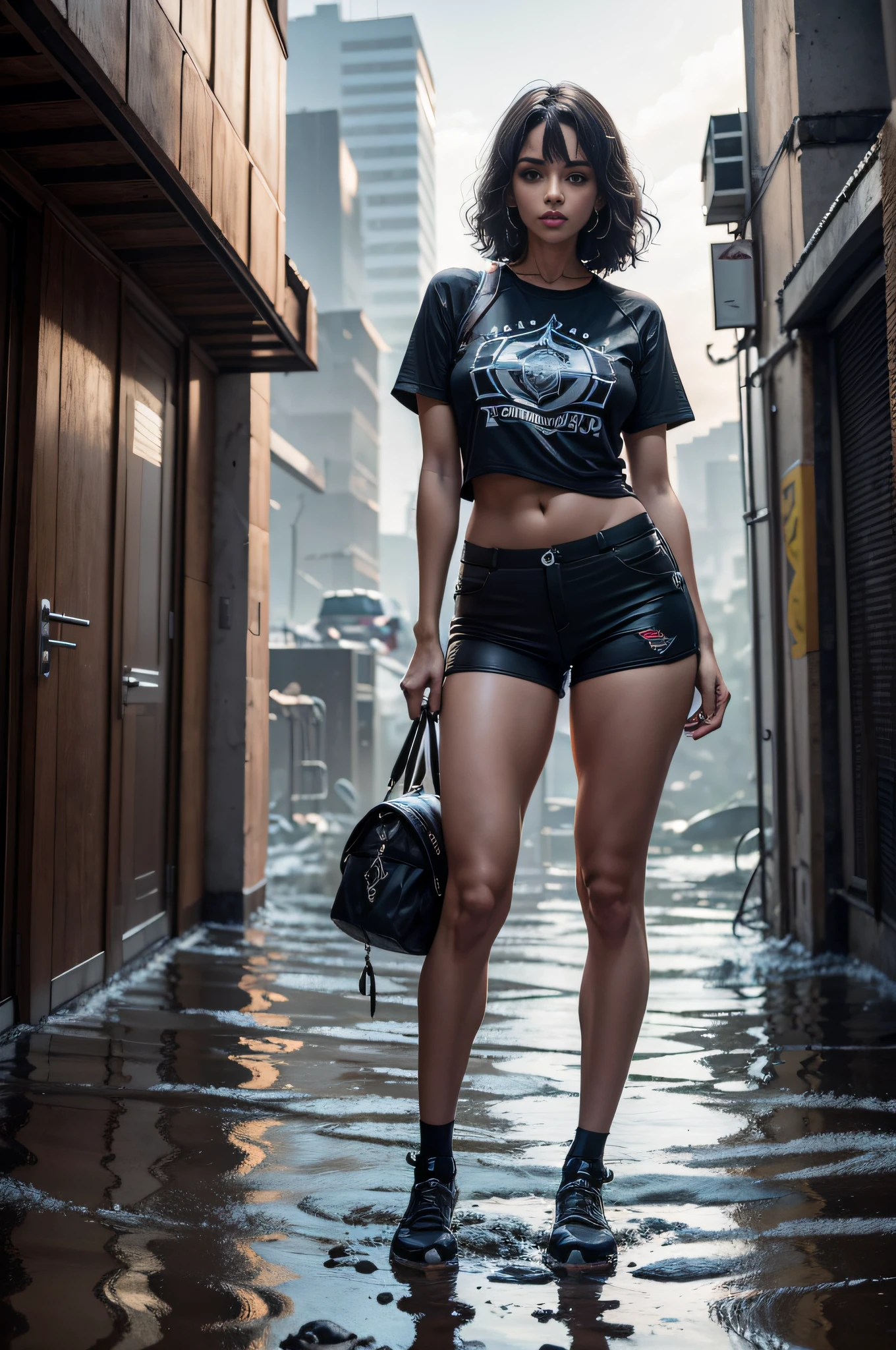 Mulher bonita com cabelo ondulado, olhos delicados e encantadores, entalhe da coxa, pernas sexy e muito volumosas, pernas grossas , cintura muito fina e marcada , camiseta em shorts pequenos, cyberpunk futurista bonito + cidade, mistborn, humid, chuva, obra-prima de melhor qualidade, realista, muito detalhado, 8k, HDR, profundidade de campo rasa, luz ampla, alto contraste, luz de fundo, flooding, flash, chromatic aberration, foco nítido, foto de cor RAW