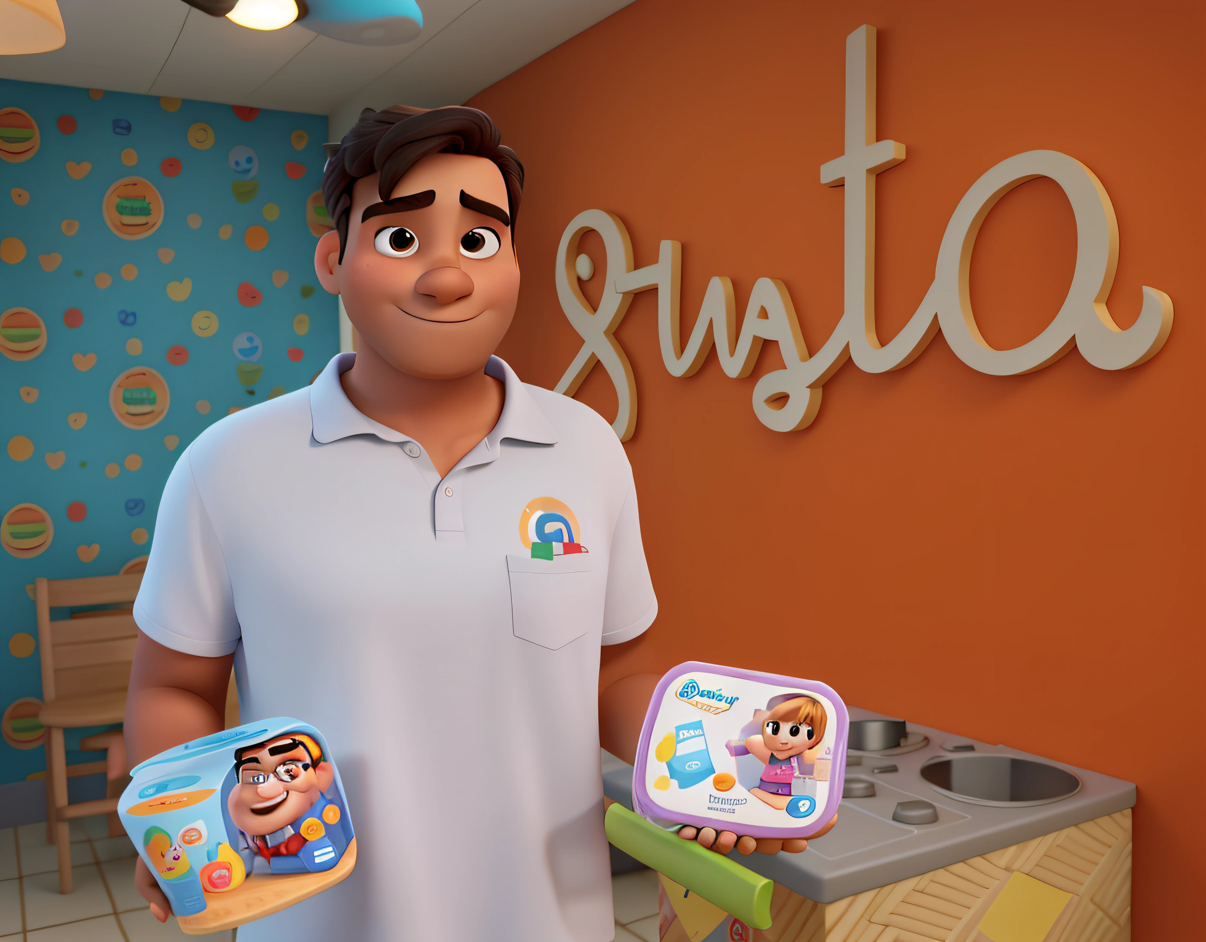 Um homem estilo disney pixar, alta qualidade, melhor qualidade, segurando dois potes de sorvete