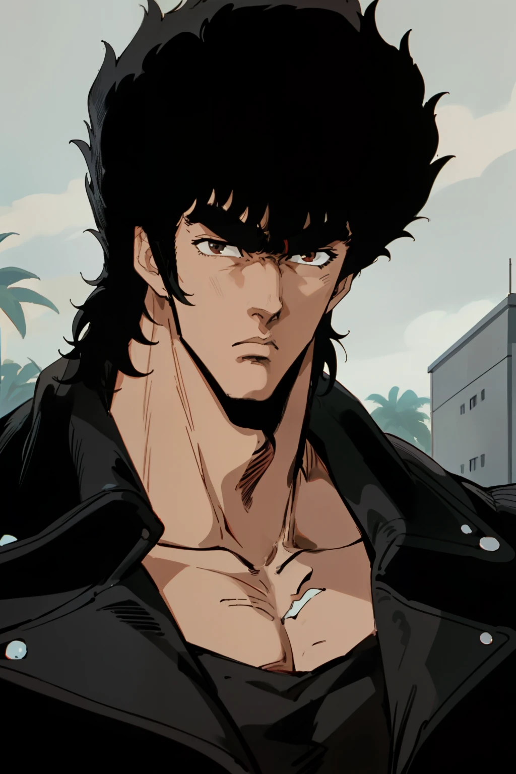 close up portrait, 1man solo muscular male , black  hair, with a serious expression, wearing a black leather jacket,  looking at something, at holte resort, in HNKstyle, 80's anime style