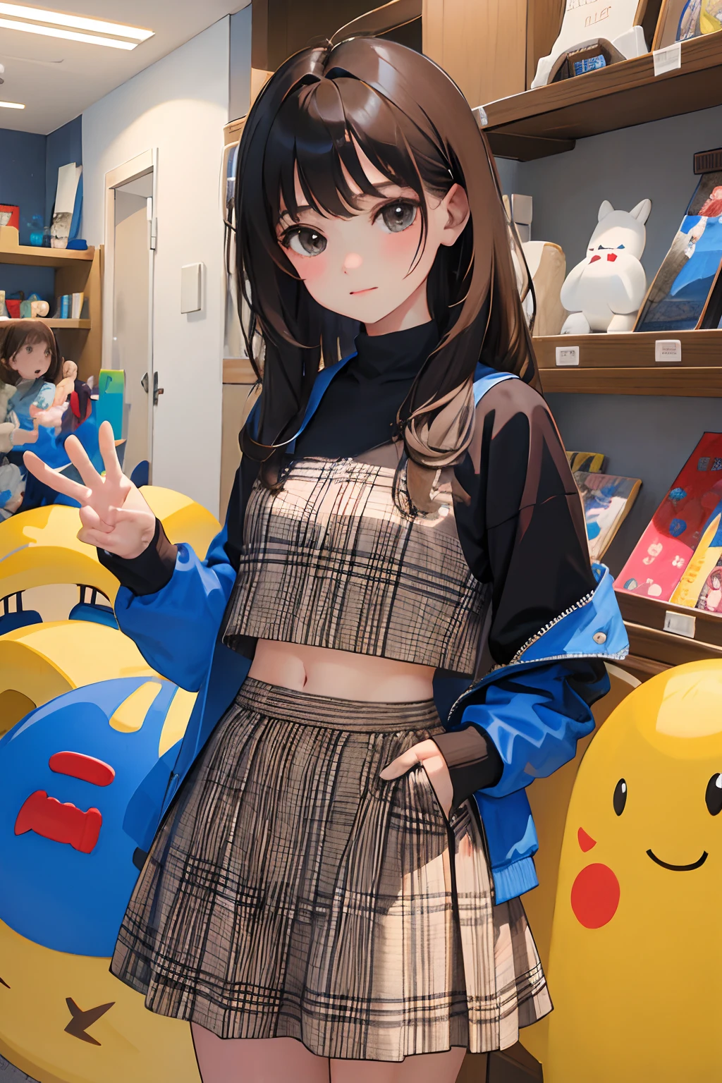 (),(masterpiece,Highest Quality),Crop Top Look,jaket,(Brown gingham check skirt),A dark-haired,World of toys