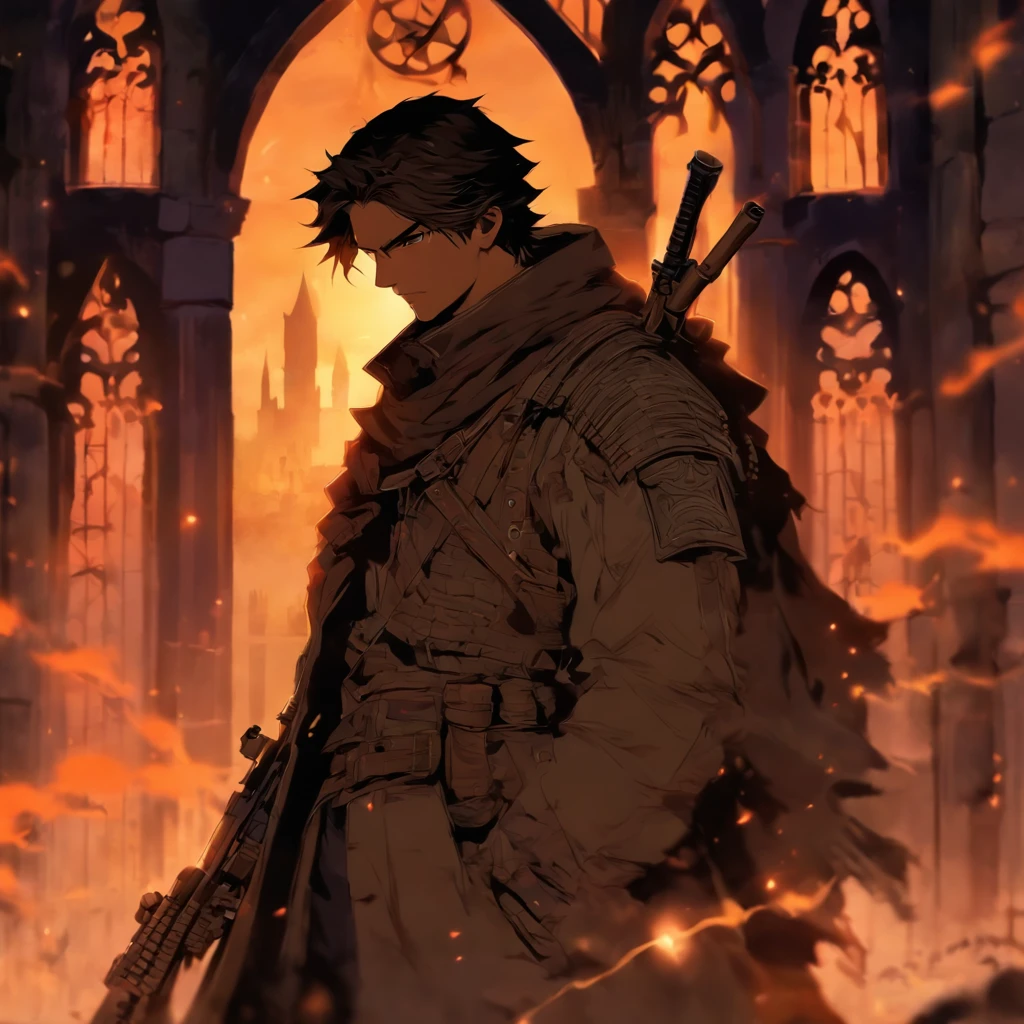 A sniper with a Winchester in his hands, e muito destaque para a marca Winchester, Luzes flutuantes de dia das bruxas, Cinematic light and reflection, luzes brilhantes, Intermediate elements of the metaverse,pintura digital, reflexos brilhantes, Pensando, dia das bruxas Jack-o'-lanterna, noite calma, digital illustation, bela atmosfera, Skylight at night, Calm atmosphere at night, cercado por nuvens, Buildings in medieval Europe, telhas esmaltadas, UE, cores lindas, There are three arches in the foreground((tinta colorida)), ( (Tinta Splash ) ), ((Tinta Splash) Inky})), tmasterpiece, alta quaridade, graphics beautiful, alto detalhe,Magnificent, Written with the sign in Winchester Sky.