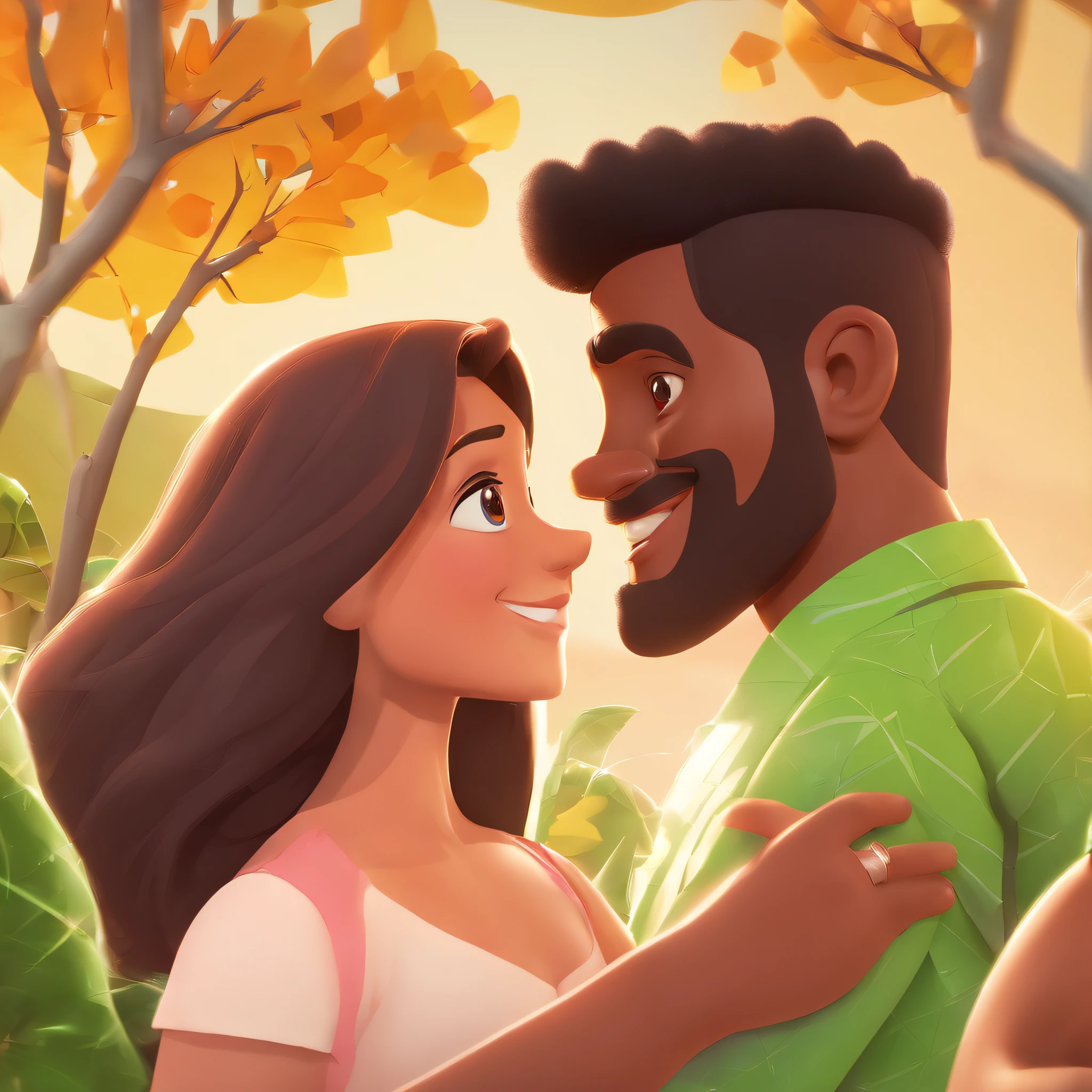 An illustration of an adorable couple, Highlight for a brown-skinned man and a white woman with beautiful expressive eyes - the man's skin is mulatto and the man's hair is straight dark brown combed to the side, ele possui barba, while the woman's skin is white and the woman's hair is long, liso e castanho. se beijando em frente ao arbusto florido, are in love, e compartilhar um momento especial caracterizado pelo amor, Insights. Illustrate this scene from a perspective where they are facing the camera, Kissing and showing your connection. Desenvolva esta arte em Full HD, Focus on your cinematic touch, Estilo Disney Pixar Animations
