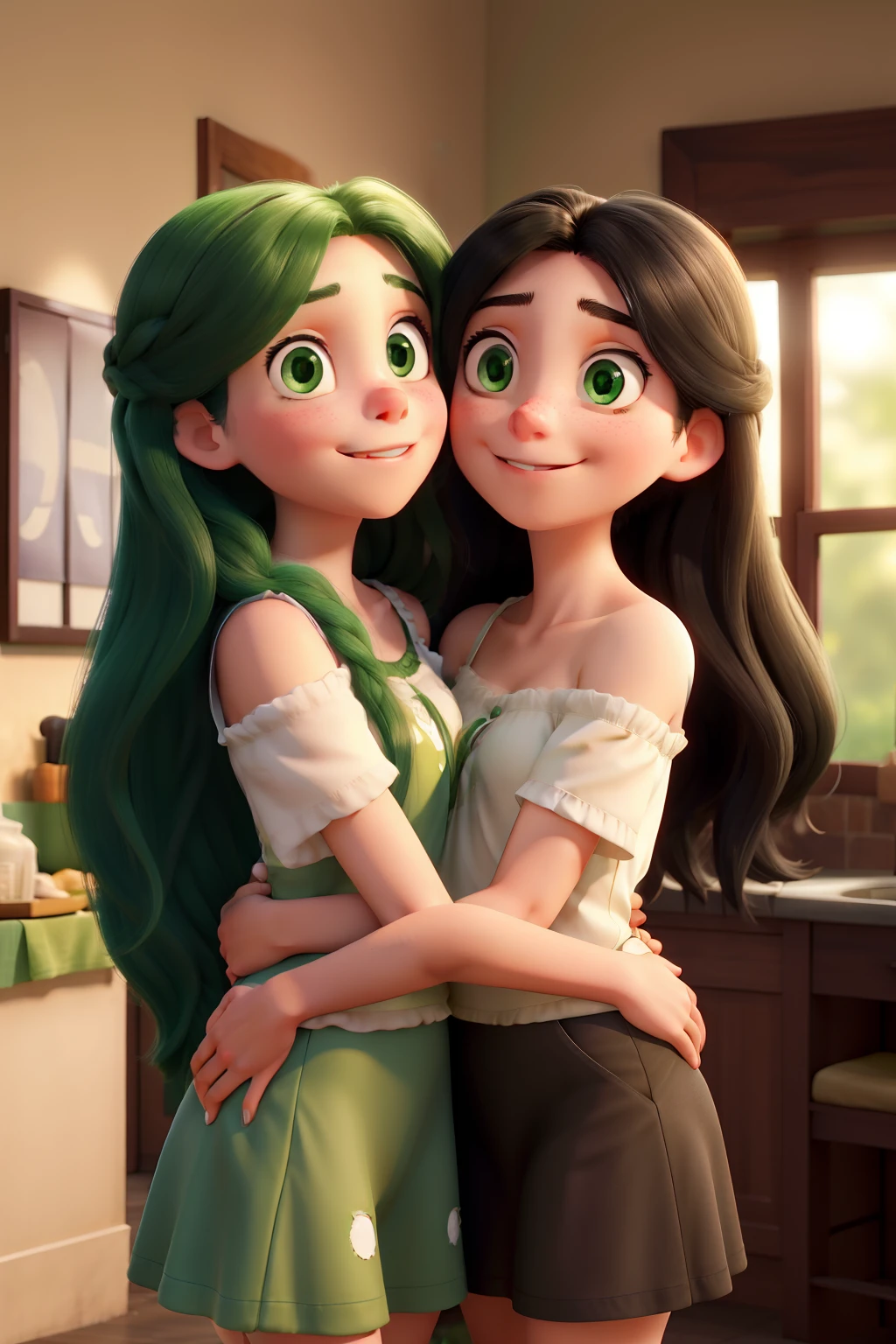 Two girls, one with long light hair below the shoulder and green eyes, and the other with long black hair and black eyes, hugging each other in front of a white castle