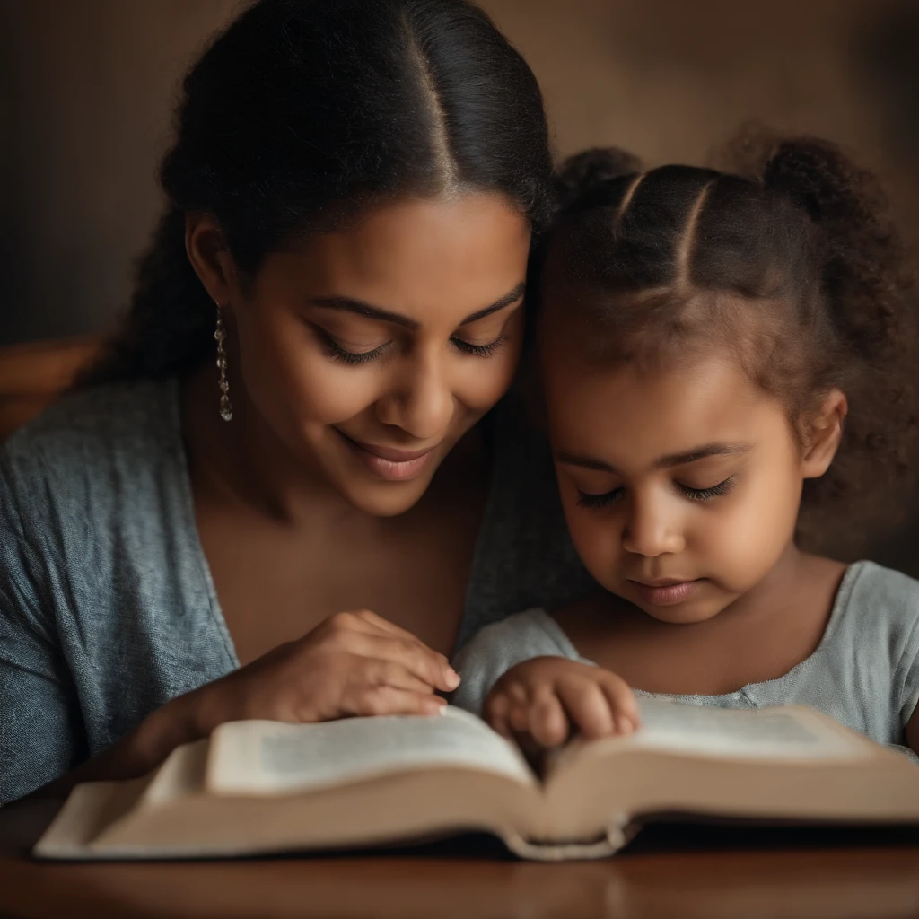 adorable child, Reading the Bible Together with Your Mother,alta qualidade, realista, 8k