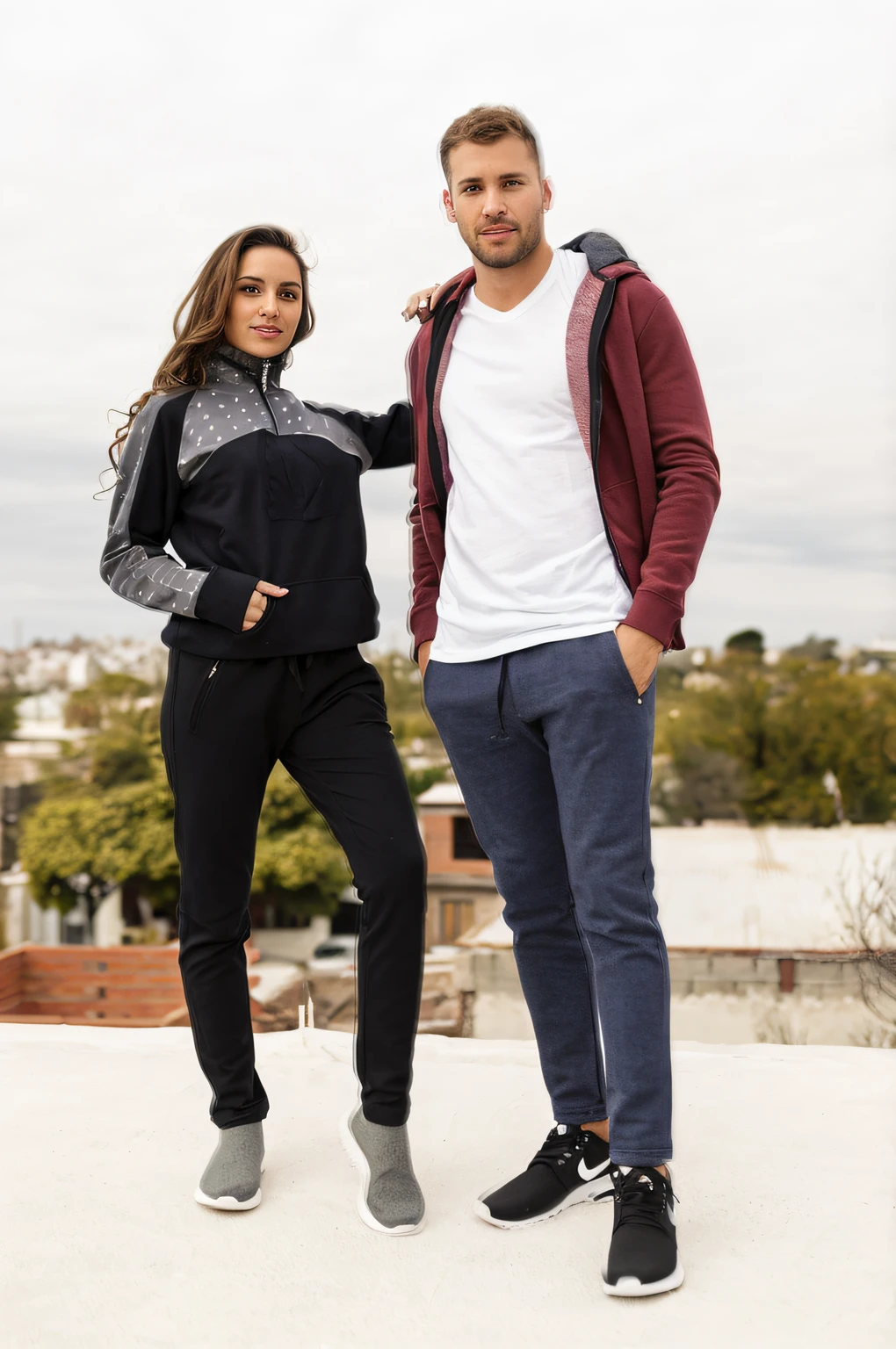RAW photo, un hombre y una mujer de pie en lo alto de un tejado, un retrato, por Manuel Ortiz de Zarate, instagram, arabesco, black sweatpant, imagen de fondo, pose casual, autumn season, (high detailed skin:1.2),8k uhd, dslr, soft lighting, high quality, film grain, Fujifilm XT3