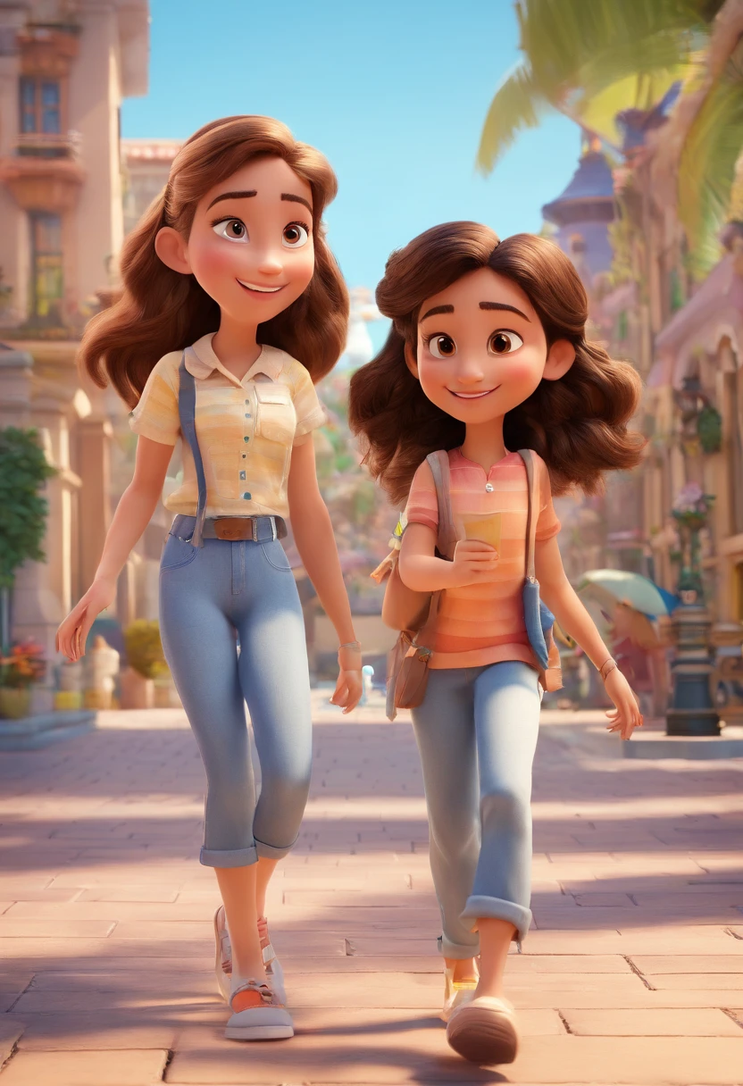 Cartoon of friends having fun on vacation together, 3D Animation Movie Poster, Poster de filme animado, pixar 3 d animation style, pixar renderman rendering, maia 8 mil, animated film, Disney Pixar Estilo 3D, amigos felizes saem juntos, all wearing light blue shirts and cream brown long pants, camisa azul clara, cream brown pants, ao ar livre, vacation, Disney Pixar Animation Poster
