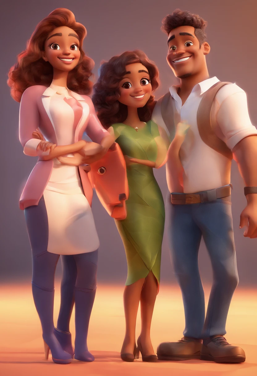 An illustration of an adorable couple, Highlight for a chubby mulatto man with glasses smiling and a brunette woman with beautiful expressive eyes - the man's skin is mulatto and the man's hair haswhile the woman's skin is black and the woman's hair is straight and brown. They are a bright room, cada um com um sorriso no rosto, e compartilhar um momento especial caracterizado pelo amor, Insights. Illustrate this scene from a perspective where they are facing the camera, Smiling and Showing Your Connection. Desenvolva esta arte em Full HD, Focus on your cinematic touch, Estilo Disney Pixar Animations