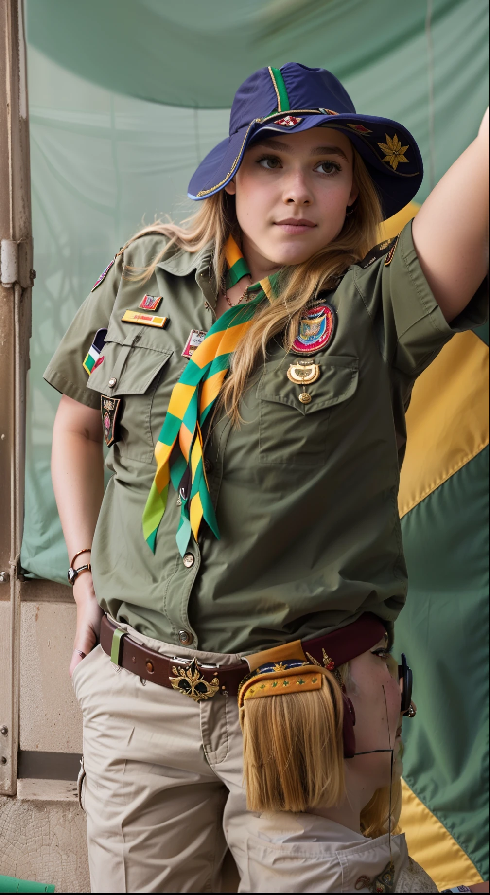 Araffe Girl Scout segurando uma placa com uma bandeira ao fundo, Retrato de uma guarda florestal feminina, taken in the early 2020s, wearing many medallions, ****** Escoteiro, muito granulado, Sandra Pelser, lindo guarda florestal da selva, Amanda Lilleston, foto de um espectador, Laura Watson, simona sbaffi is the captain, Amanda Clarke