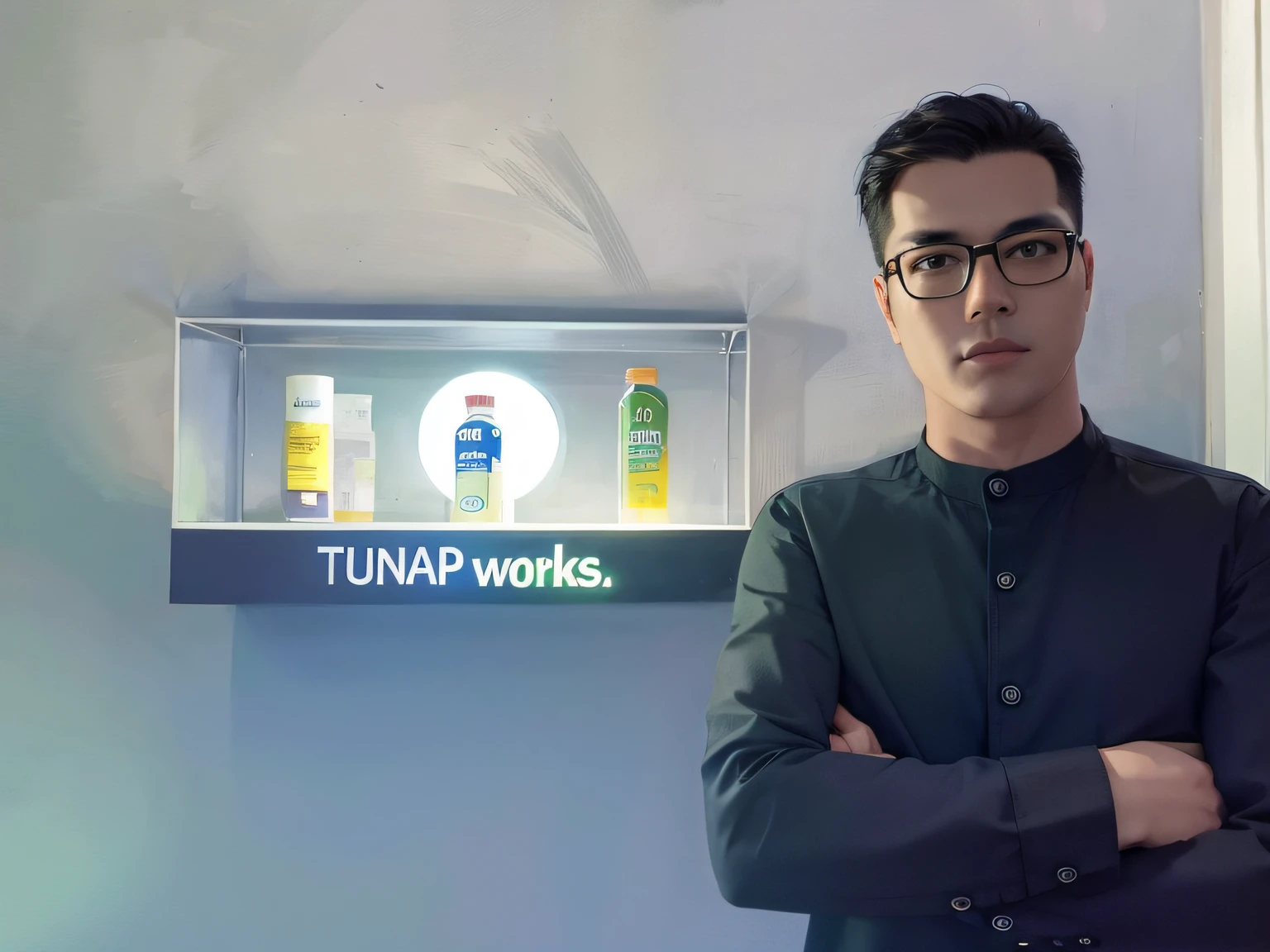 There's a man in glasses standing in front of a sign with a bottle of tunap Works,