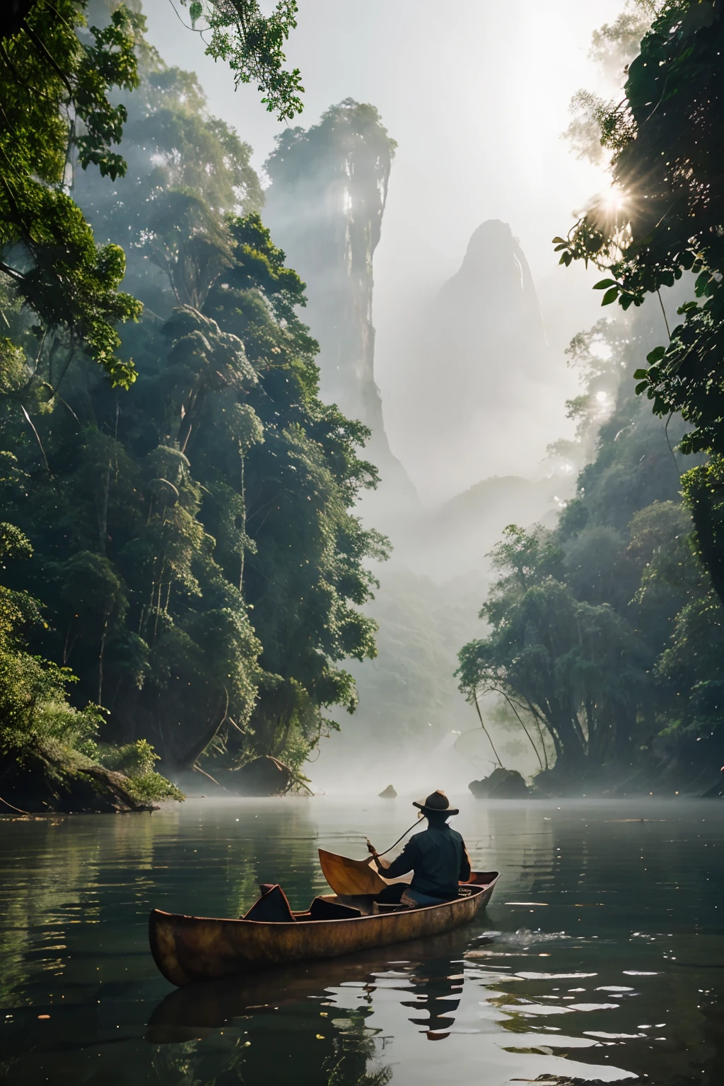 there is a man in a canoe on a river in the fog, mystical forest lagoon, dreamy scene, indonesia national geographic, in a serene landscape, mystical scene, mystical lake, jungles of vietnam beautiful, mystical setting, beautiful environment, serene environment, early morning light, stunning atmosphere, the morning river, enchanting and otherworldly, lost in a dreamy fairy landscape