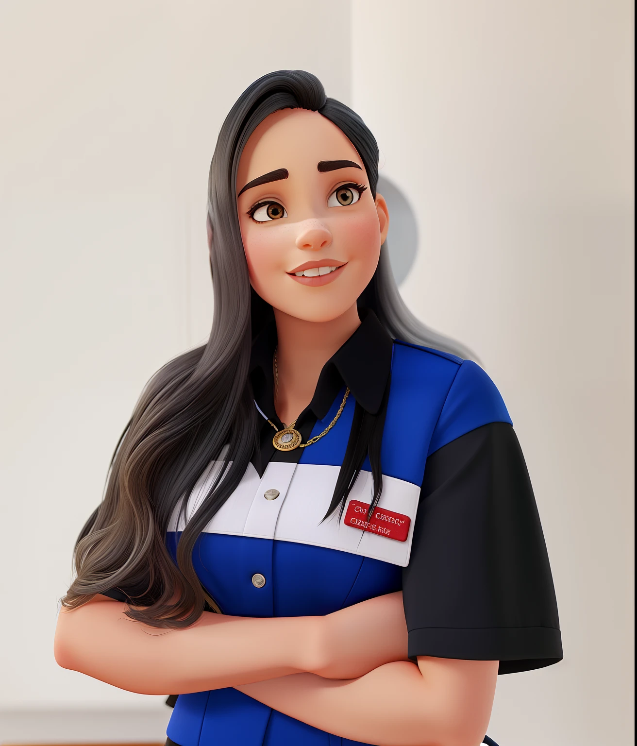 Uma mulher vendedora , jovem, Serious, Chic and wise, com cabelo longo e ondulado escuro, olhos na cor preta, olhos esbugalhados e boca grande, with black dress pants, Blue and black blouse with buttons , e with ounce, salto alto preto, In a fancy law store.