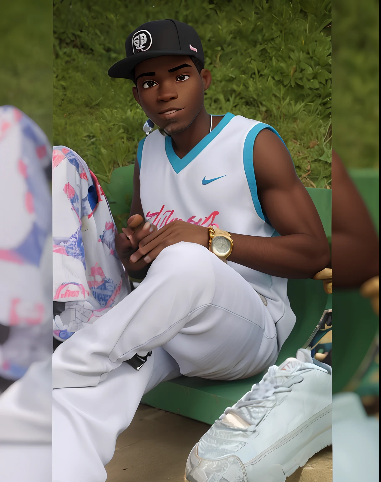 Jovem afro-americano, de 21 anos, Front view standing looking at camera, cabelo preto curto e cacheado, usando roupas da nike, estilo Gangstar rap, Wearing Jordan on the foot, correntes de prata, grilz in the teeth silver watch,andando em uma rua de periferia