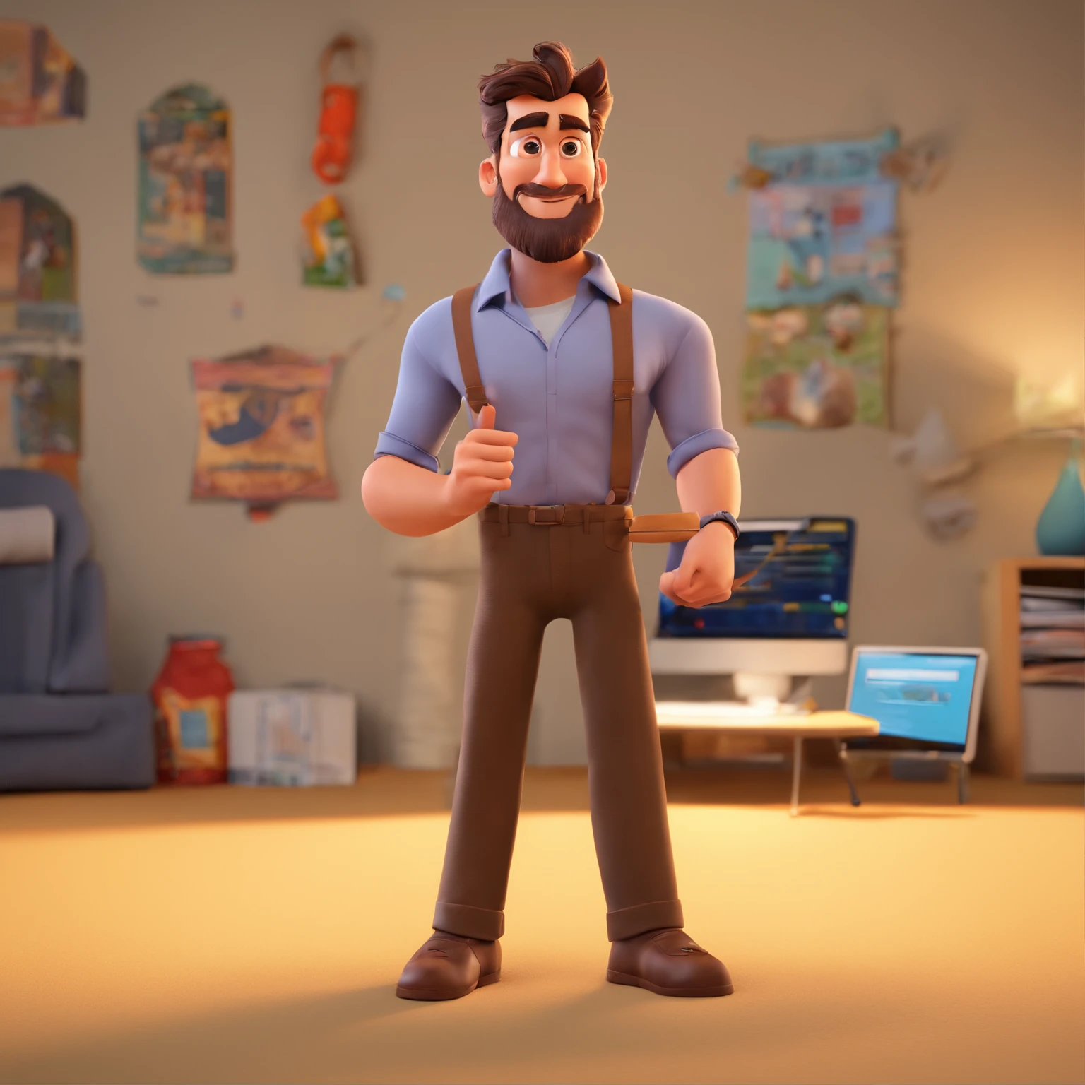 Criar um personagem no estilo Pixar. Trata-se de um homem de 30 anos, com barba, Branco, com cabelos castanhos curtos e um quiff, e olhos castanhos. Ele deve estar na frente de um computador, Trabalhar como designer