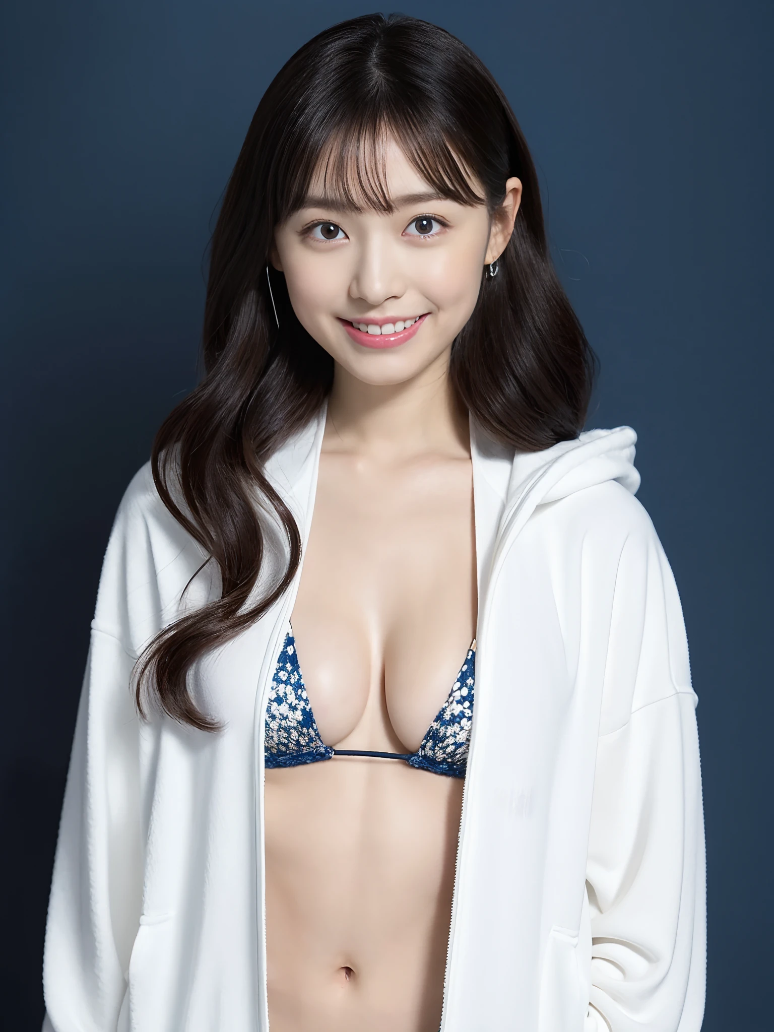 Top image quality, 8K, masutepiece, studio shoot, Japan Girl(sixteen years old), kawaii, From above, posterior view, s ass, 二重まぶた, thick eyebrow, Teardrops, full body Esbian, frontage, White hoodie on jacket, large full breasts, The bikini, light_Smile, A dark-haired, Curly Bobcat, Blue background,