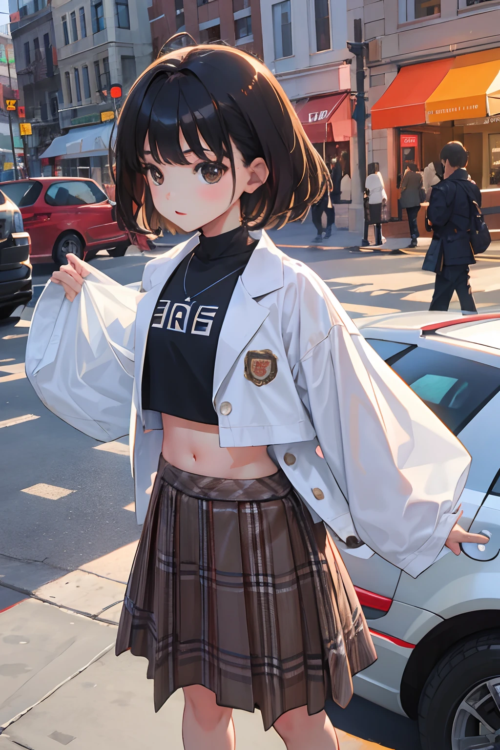 (child),(masterpiece,Highest Quality),Crop Top Look,jaket,(Brown gingham check skirt),A dark-haired,World of toys