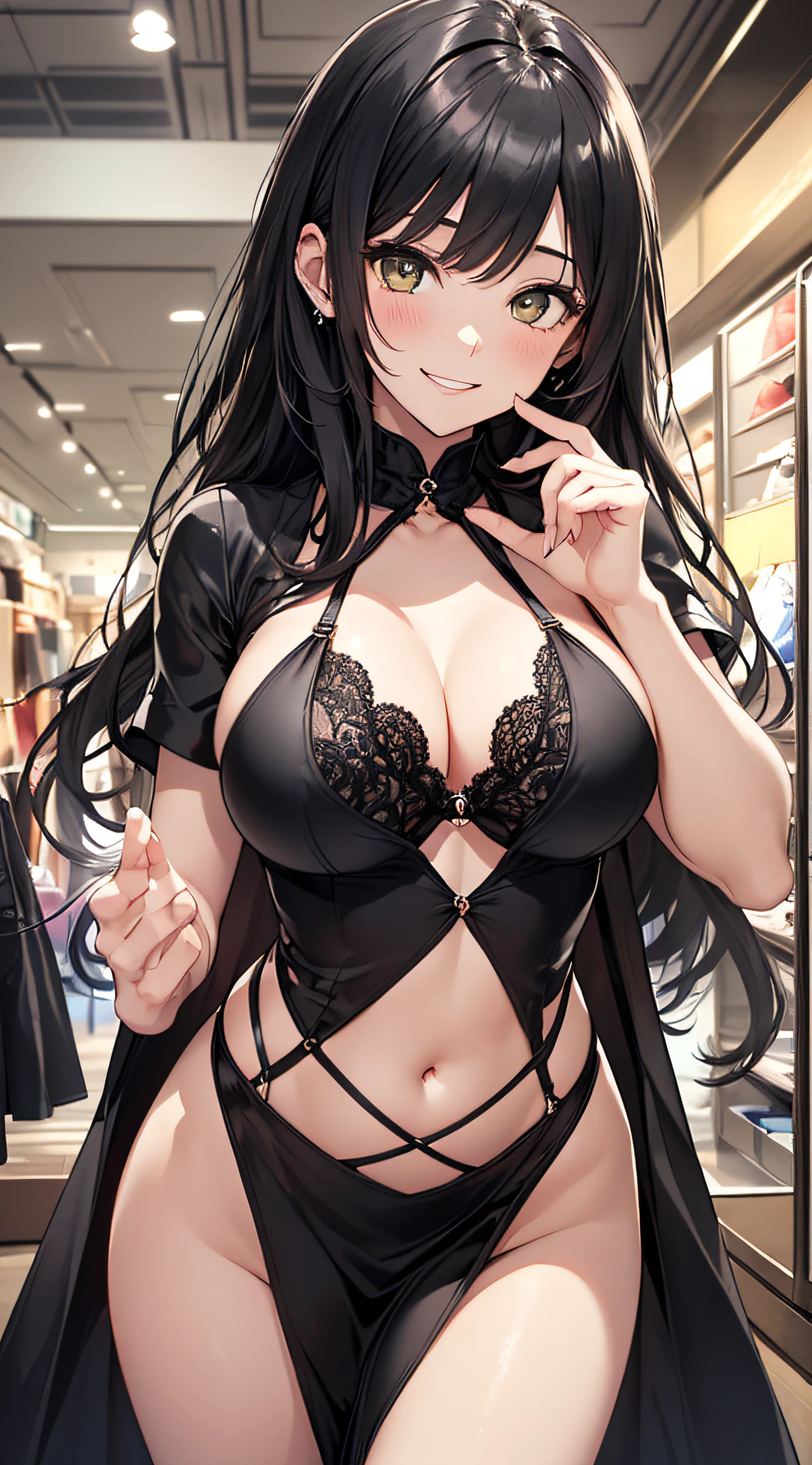 top-quality、Top image quality、masterpiece、girl with((20yr old、Best Bust、big bast、Bust 85,beautiful golden eyes、Breasts wide open,Long Black Hair、A slender、Large valleys、black bikinis、Black Dress、Black see-through、Black Dress、A smile、Trouble Pose、Leaning forward))hiquality、Beautiful Art、Background with((department store)))masutepiece、visualart、depth of fields、