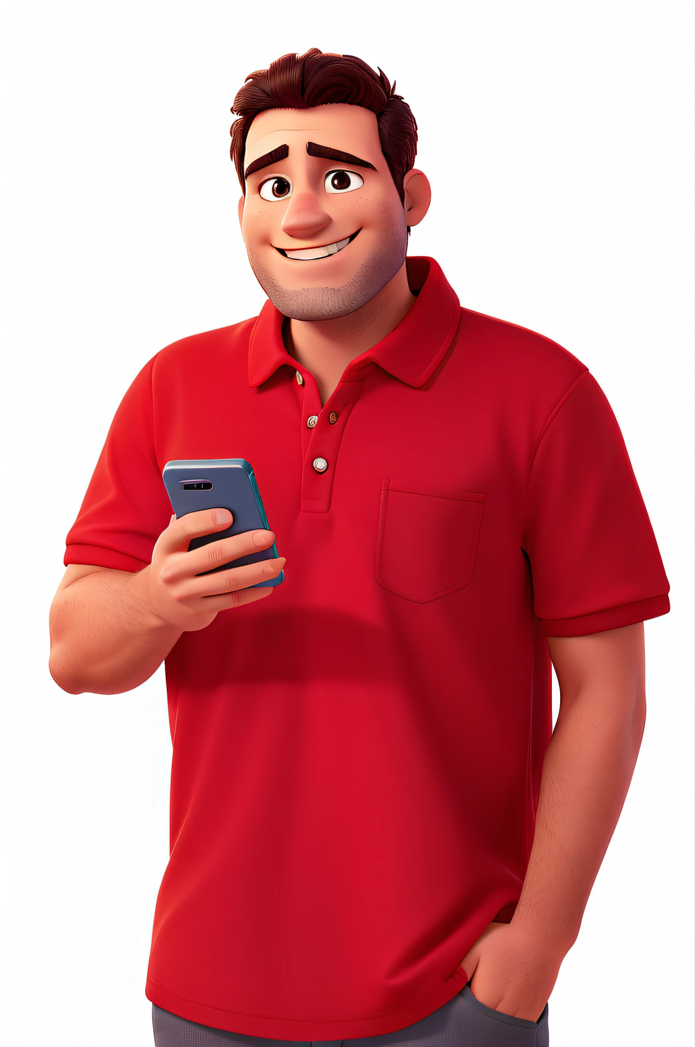 Homem sorrindo, segurando iphone, Wearing red polo shirt with hand in pocket, no estilo, disney pixar