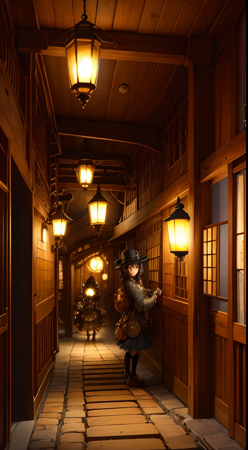 steampunkai。(Masterpiece)。(top-quality)。Steampunk-style wooden labyrinth passages。No lighting。murky。2 girls in。Japan girl in steampunk style。Walk down a dark passage with a corner lamp。One of them laughs happily。The other looked around anxiously.。