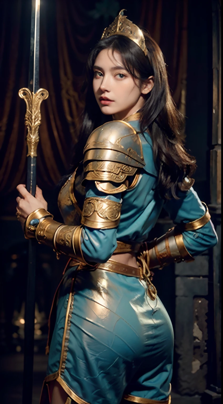 Hyper photorealistic image, giant woman, fair skin, Caucasian, long black hair, sculptural body with muscles, big ass, delicate face, dark blue eyes, sweaty body, warrior, with a blue bandana on her head, armor similar to a May of red color, gold armlets, burgundy leather boots, Scimitar-type sword, Hyborian period, magical land