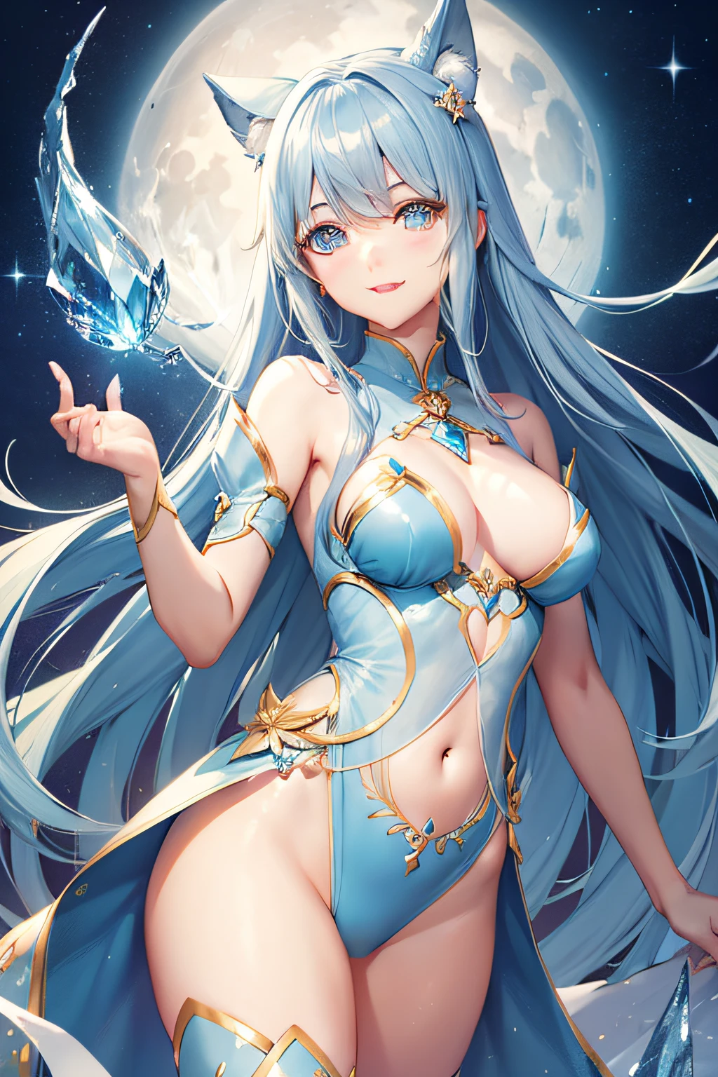 Pretty girl、A charming smile、Blue Long Hair、Engaging pose、Blue and white costume、Fantasia、Crystal jade、constellation、a moon、Fantastic background