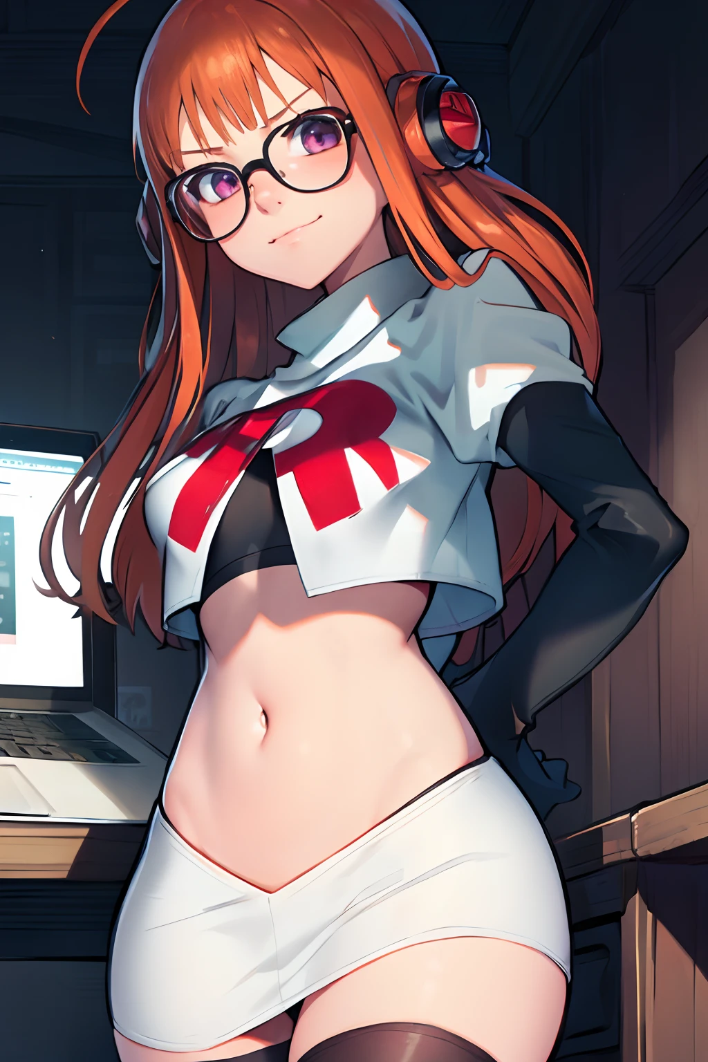 futaba sakura, orange hair, long hair, purple eyes, glasses, ahoge, team rocket, team rocket uniform, red letter R, white skirt, white crop top, black thigh-highs, black elbow gloves, evil smile, futaba sakura is typing on laptop, futaba sakura is looking at laptop