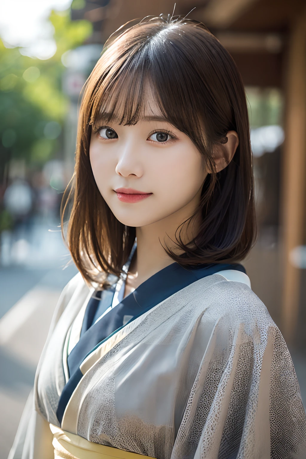 （Kimono）、randome pose、(top-quality,​masterpiece:1.3,超A high resolution,),(ultra-detailliert,Caustics),(Photorealsitic:1.4,RAW shooting,)Ultra-realistic capture,A highly detailed,High resolution 16K human skin closeup、 Skin texture is natural、、The skin looks healthy with an even tone、 Use natural light and color,女の子1人,japanes,22year old,kawaii,A dark-haired,Middle hair,,smil,,(depth of fields、chromatic abberation、、Wide range of lighting、Natural Shading、)、