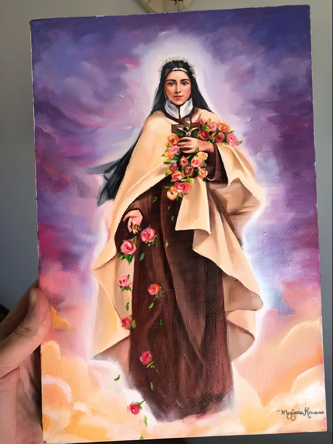 painting of a holy woman Thérèse of the baby Jesus holding a bouquet of flowers in her hands and a cross in the middle of the flowers, majestosa mulher, santa, Miatic Sky, ✏️🎨, inspirado em Teresa Copnall, inspirado em Raphaelle Peale, Detalhes adicionais, inspirado em Joan Brown, inspirado em Guido Reni, Detailed Oil Paintings
