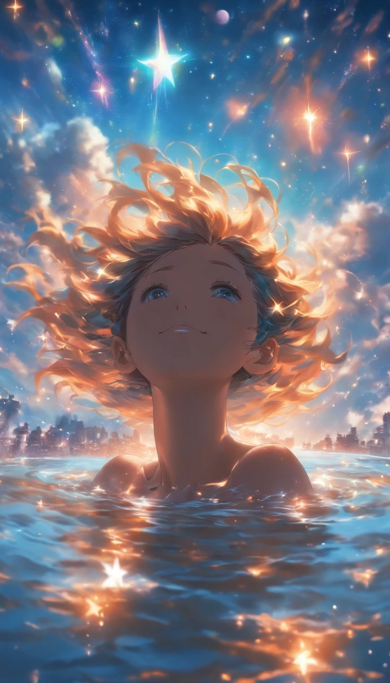 Woman floating in the water. Rear view, with their face not visible. Fantastic sky. Crystal clear sky, fantastic blue. High quality down to the smallest detail. fantastic landscape . People are far away