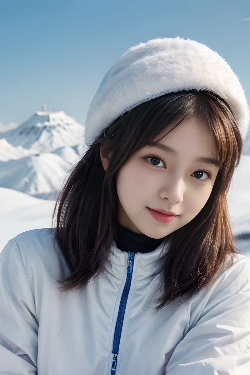 masterpiece、8K、32K、top-quality、(A cute Japanese woman:1.1)、detail portrayal、1 girl in、elegent、23years old、bangss、(Ski Wear:1.3)、(Winter Ski Resorts:1.1)、tits out、ssmile