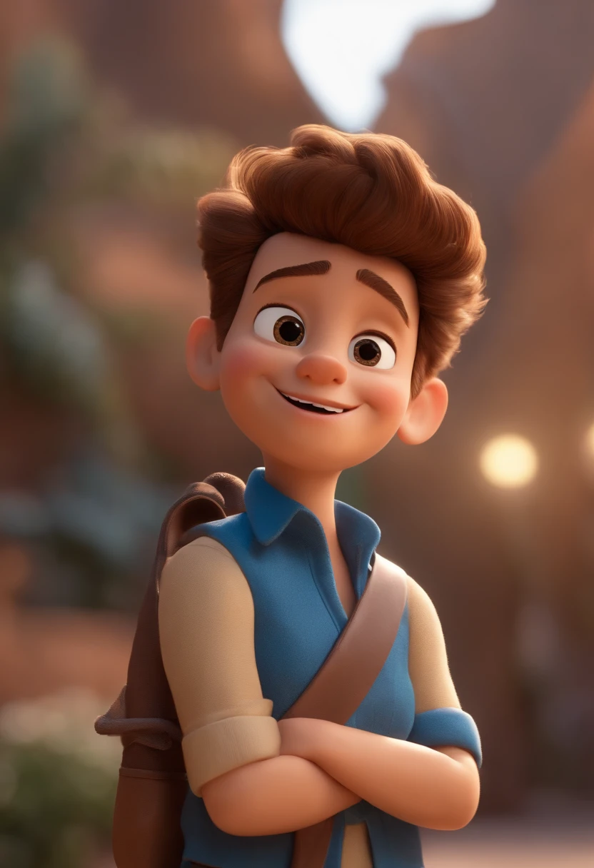 Garoto, estilo disney, tom de pele: claro: Cabelo: marrom escuro, liso, curto, penteado para o lado direito. camisa: social, Cor azul. Fundo: Gray and white gradient,Comemorando, Hands raised, sorrindo, feliz, (estilo pixar) (obra-prima:1.2) (bokeh) (melhor qualidade) (pele detalhada) (textura detalhada) (8k) (claymation) (cinematic lighthing) (foco nítido