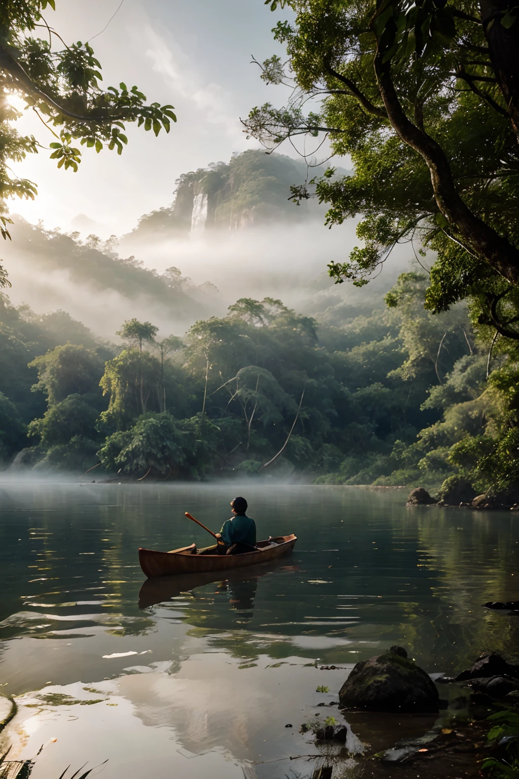 there is a man in a canoe on a river in the fog, mystical forest lagoon, dreamy scene, indonesia national geographic, in a serene landscape, mystical scene, mystical lake, jungles of vietnam beautiful, mystical setting, beautiful environment, serene environment, early morning light, stunning atmosphere, the morning river, enchanting and otherworldly, lost in a dreamy fairy landscape