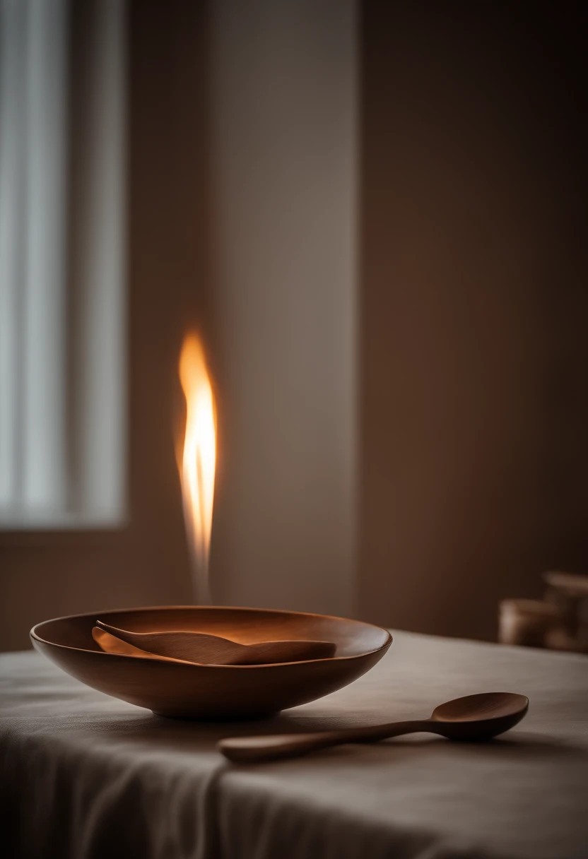 A imagem deve ser simples e elegante, de um prato de jantar branco de acabamento refinado no centro. Sobre o prato, coloque uma colher de pau e um garfo cruzados, criando uma forma de 'X'. Kitchen utensils should be depicted in a soft and elegant way. Adicionalmente, Include a small stylized flame next to the wooden spoon or fork to symbolize the 'dream on fire'. The image must be suitable for use in the layout of a book.