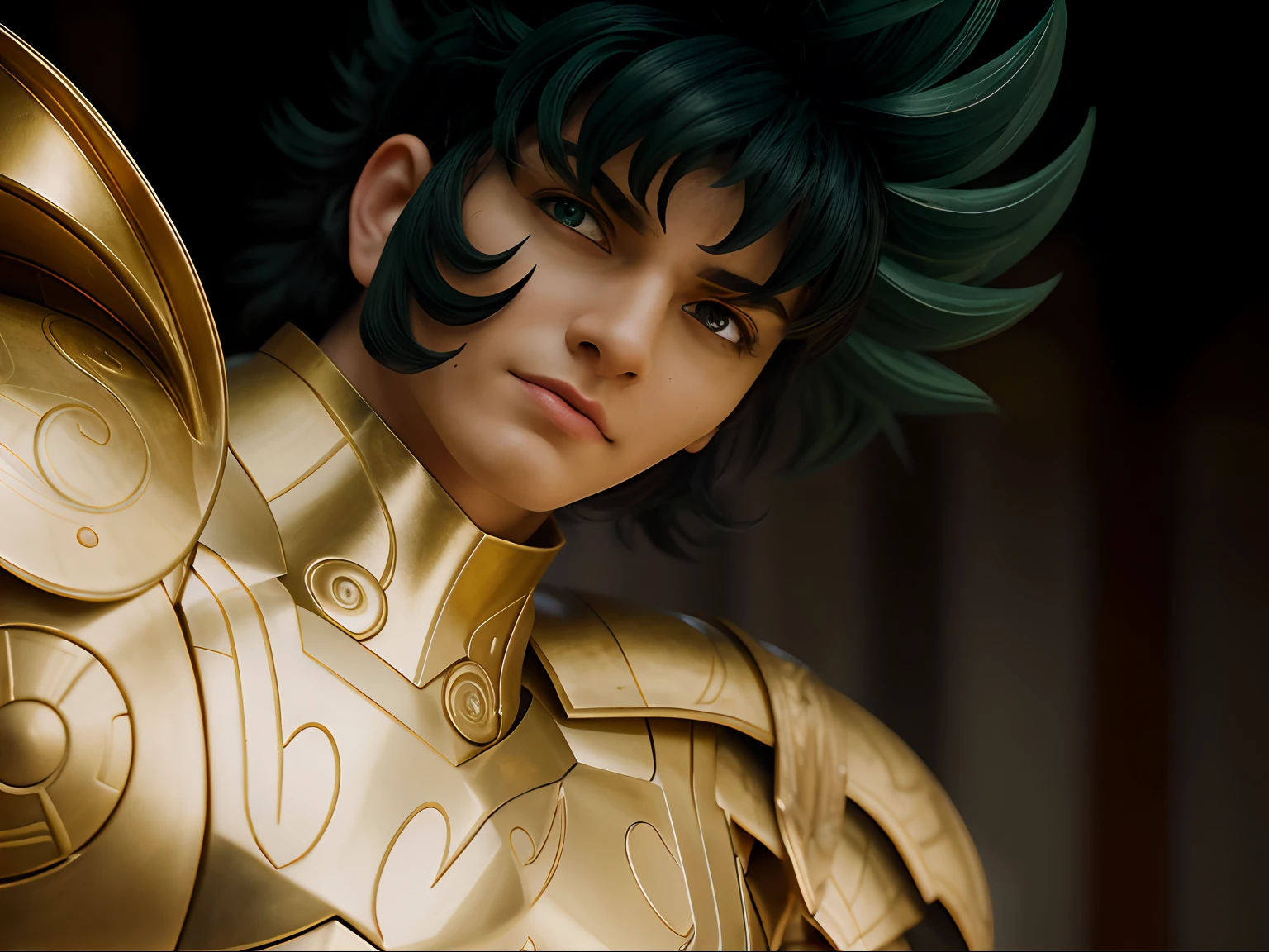 incredibly detailed and ultra-realistic Saint Seiya's Capricorn Shura. fechar para cima, Vista ligeiramente baixa e lateral. He's wearing detailed golden medieval armor. armadura de ombro. musculoso. He's Spanish about ((30 anos)). 1st grade. Face alongada detalhada. (olhos verdes muito grandes). olhos perfeitos. (serious look). ((Forte expression)) ((Contract mouth)). (depilado)). ele tem cabelo verde curto. messy hair. franja. (Menos peito). He's staring his enemy in the face. (Armadura de corpo inteiro), (Armadura dourada brilhante), (armadura detalhada, alta qualidade), (armadura ornamentada), (HDR), (nobre), Inspirador, Film, Cinematic lighting.