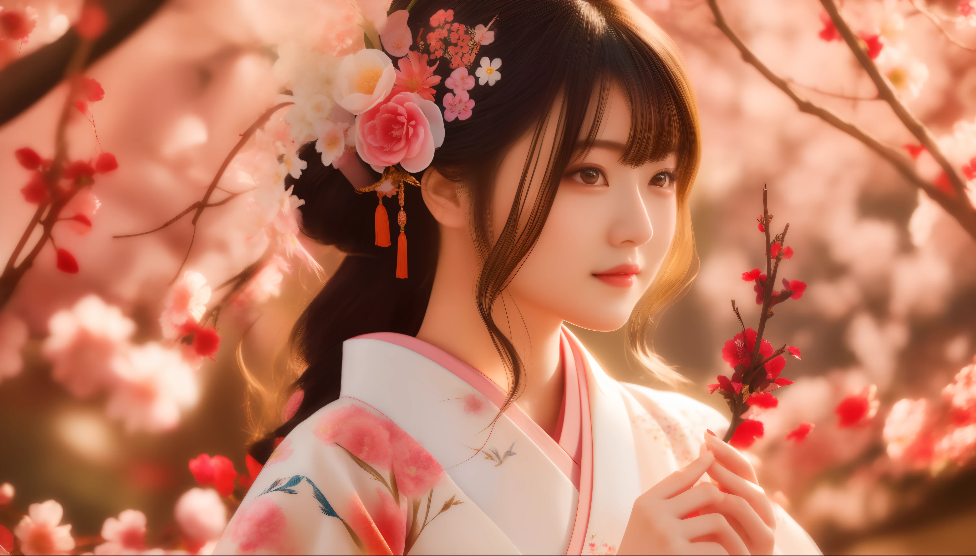 Årafed woman in kimono with flowers in her hair, palatial palace , a girl in hanfu, beautiful digital works of art, artwork in the style of guweiz, the face of a beautiful Japanese girl, A Japanese style, japanese art style, elegant japanese woman, white hanfu, japanese kimono, beautiful digital painting, Beautiful Anime Portrait, beautiful anime woman, goddess of Japan