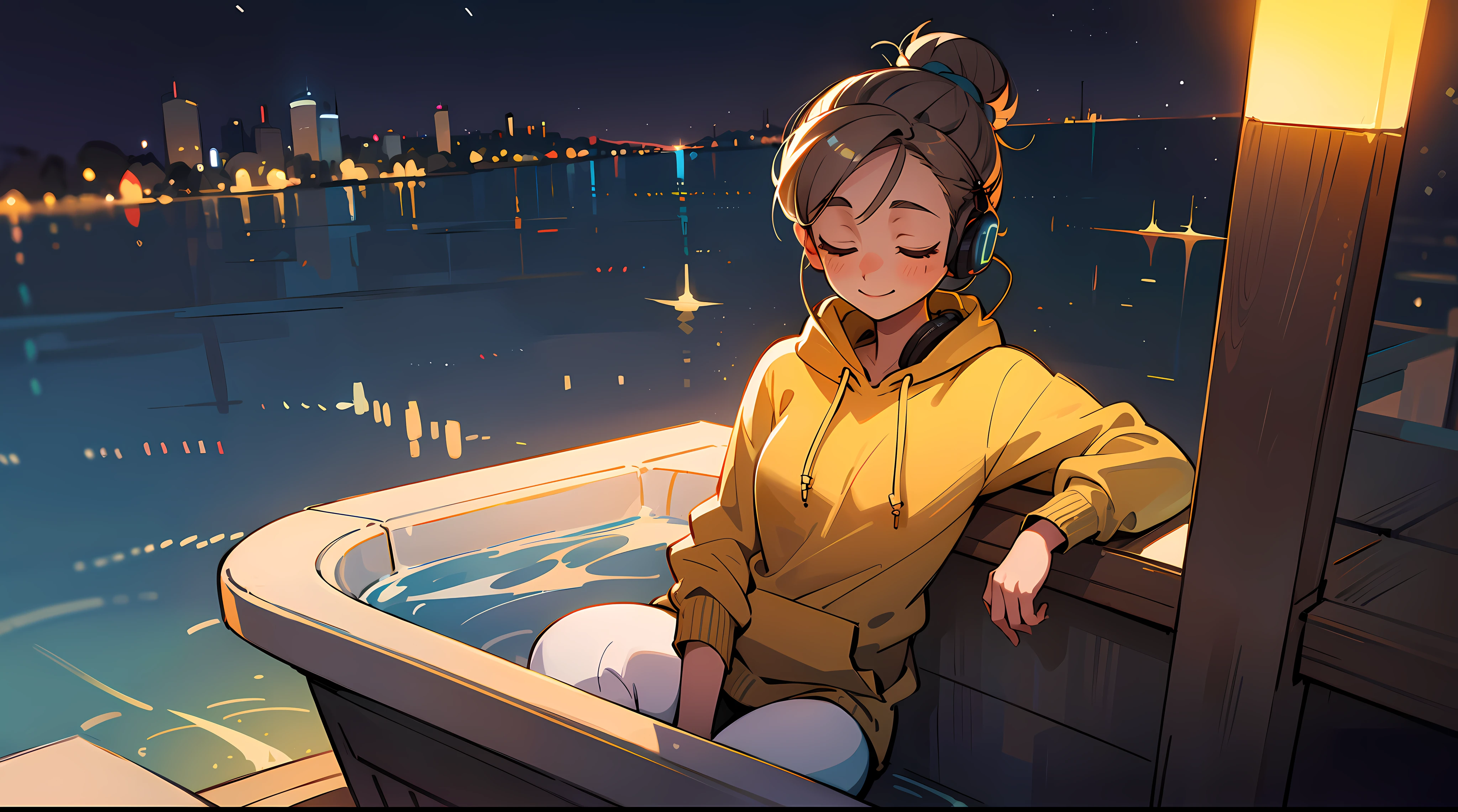 A beautiful girl is sitting in a peaceful room, wearing headphones and looking out the window at night. The room is bathed in soft moonlight, and the only sound is the gentle hum of the city outside. The girl is wearing a comfortable oversized hoodie and leggings, and her hair is pulled back in a messy bun. She is smiling and relaxed, and the music she is listening to seems to be bringing her peace.