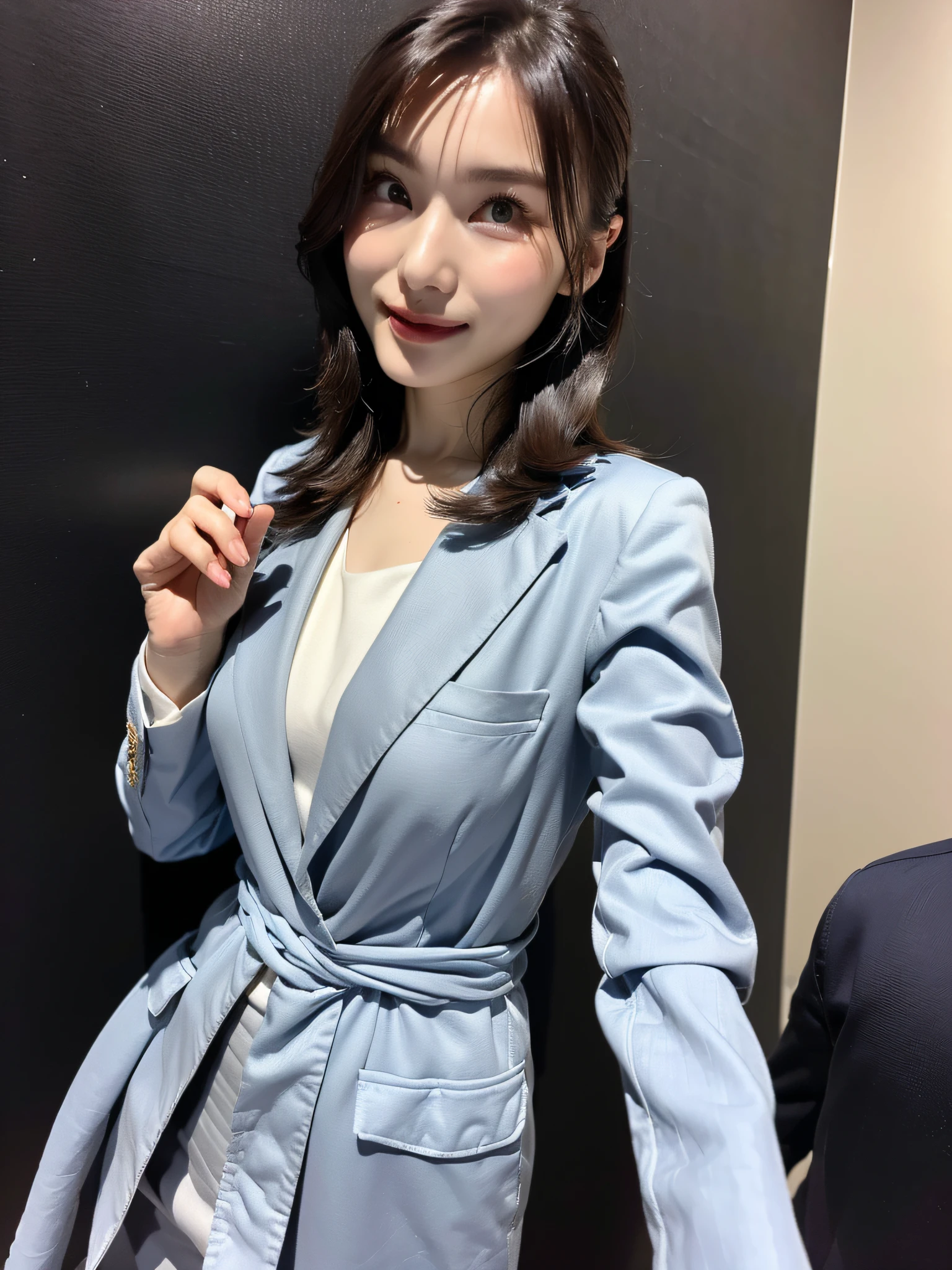 (top-quality、8k、32k、masterpiece、UHD:1.2)、1girl in、beautiful japanese female、big breasts thin waist、Gray suit、Open jacket、OL、suits、trouser、Since a while ago、office、desk、(stick out buttocks:1.2)、finerly detailed face、shorth hair、huge tit、