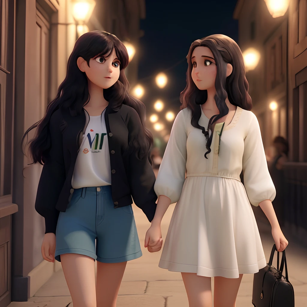 Duas amigas com cabelo comprido, uma de cabelos claros e pele clara e olhos verdes. E a outra meninabelos escuros, and fair skin and black eyes holding hands