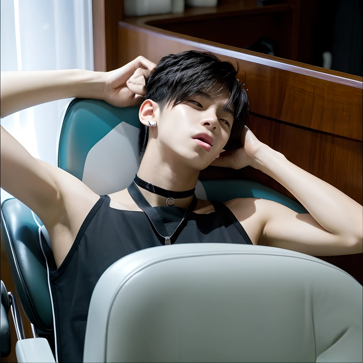 Athletic yo korean male laying in chair at dentist, arms up and hands behind his head, facing forward, wearing black sleeveless top, evil expression on face, slightly wet hair. Mouth open, tongue sticking out, wearing choker, eyes rolled