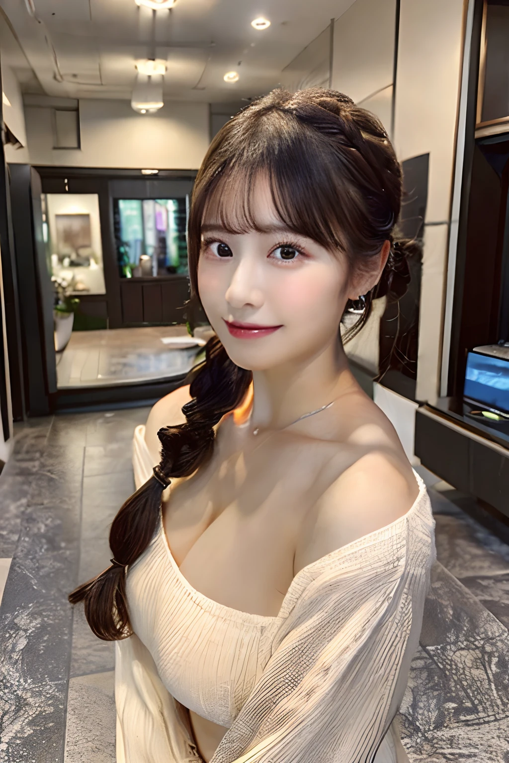 ((Best quality, 8k, Masterpiece :1.3)), 1girl, Pretty woman with emphasizing slender abs :1.3, (random hairstyles, Huge breasts :1.2), Casual outfit :1.2, Indoor, Ultra-detailed face, Detailed eyes, Double eyelid