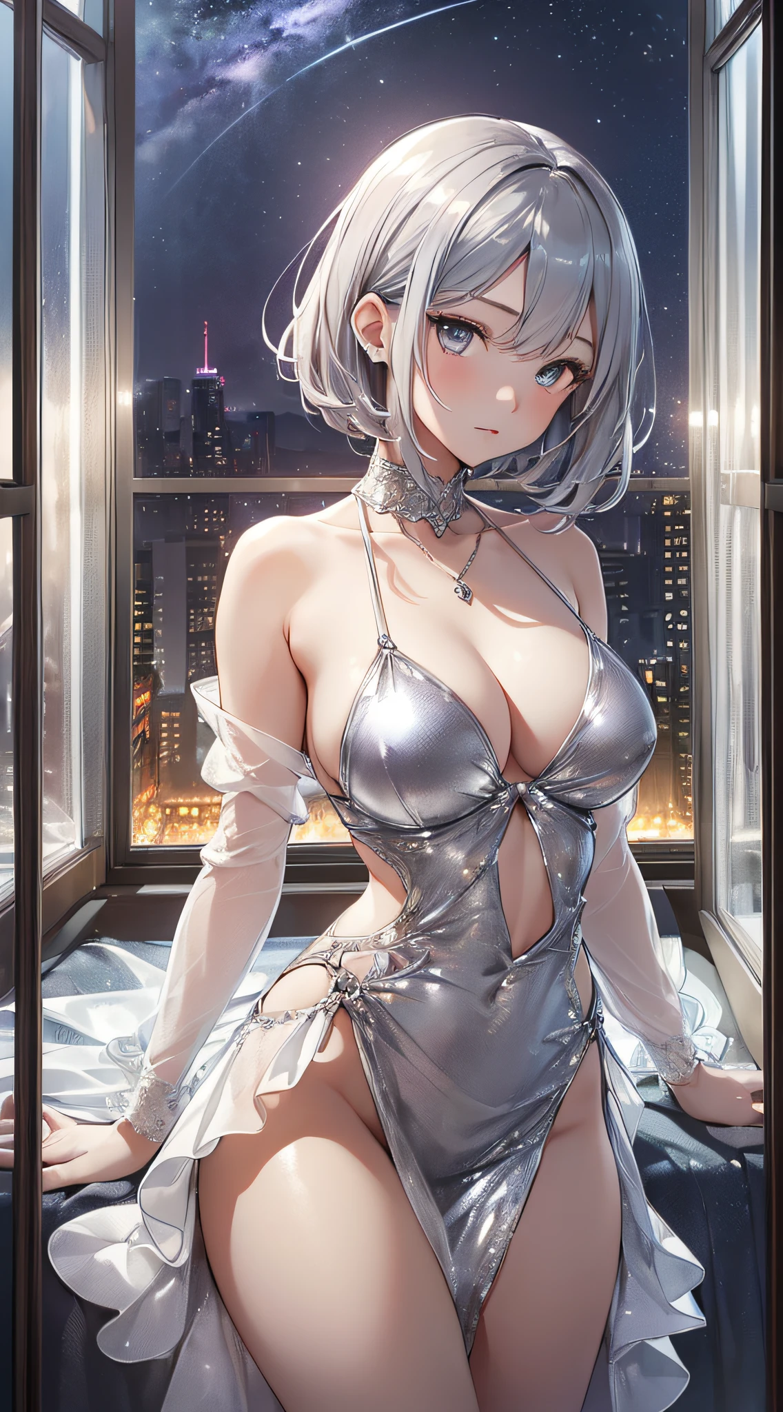 top-quality、Top image quality、​masterpiece、girl with((sixteen years old、Best Bust、Medium bust、,beautiful silver eyes、Breasts wide open,Silver-haired shorthair、A slender、Large valleys、Silver Bikini、Silver dress,Silver short skirt with a large slouched posture、Reflecting the whole body)）hiquality、Beautiful Art、Background with((Luxury Hotels、Window with night view)))masutepiece、visualart、depth of fields、