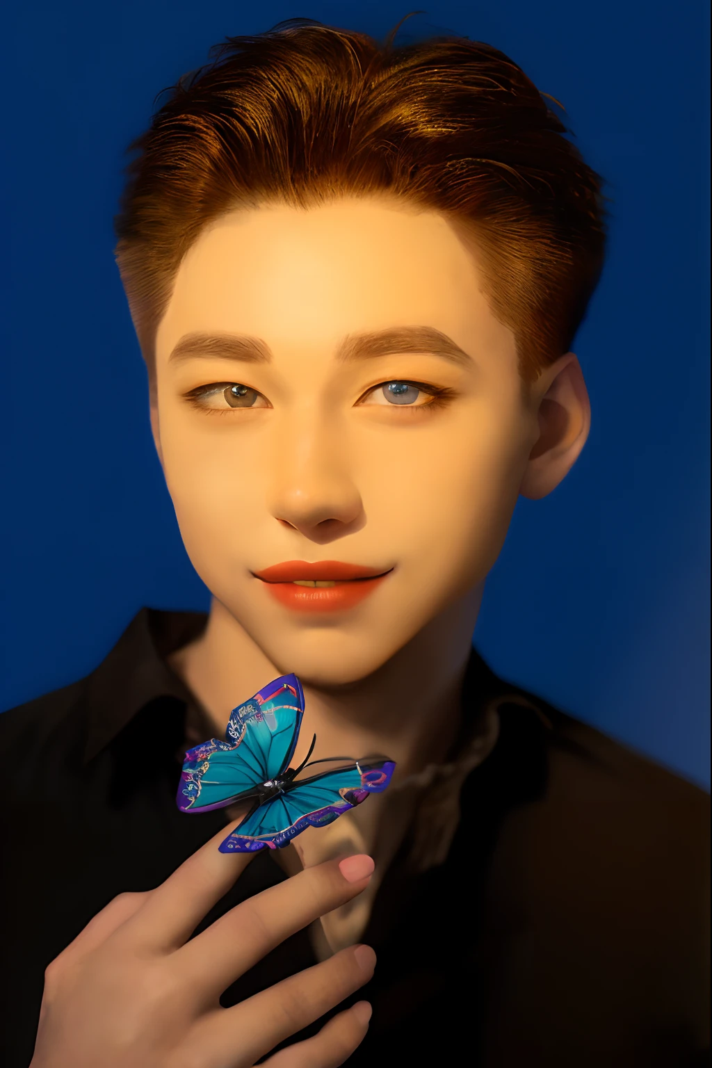 (detailed face,evocative expression,expressive eyes,painted lips,sharp features),wallpaper,graphic design,anime,charming boy with blue hair and purple highlights,dark suit,white background,clown's red round nose,attractive nose and chin,azure blue irises,smiling,youthful