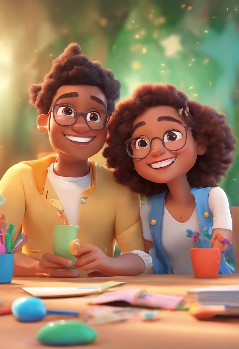 An illustration of an adorable couple, Highlight for two girls - the skin of one is white and the hair of the curly skin of the woman is black, The other girl is white with short hair. They are a bright room, cada um com um sorriso no rosto, e compartilhar um momento especial , Insights. Illustrate this scene from a perspective where they are facing the camera, Smiling and Showing Your Connection. Desenvolva esta arte em Full HD, Focus on your cinematic touch, Estilo Disney Pixar Animations