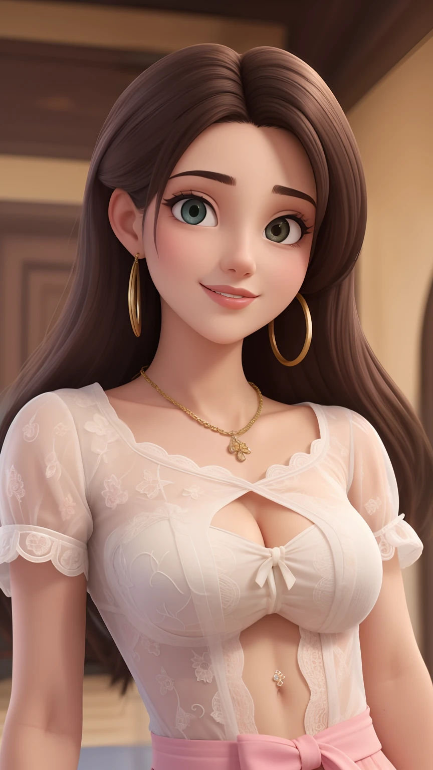 a woman, drooping eyes, (eyes realistic sizing, realistic skin), (transparent (lace extremely tiny panties with genital shape) and pubic hair, feminine dress), (((straddling to hit her crotch against a corner of the table for masturbation))), angle from side, braid, angle from below, (alley, downtown),